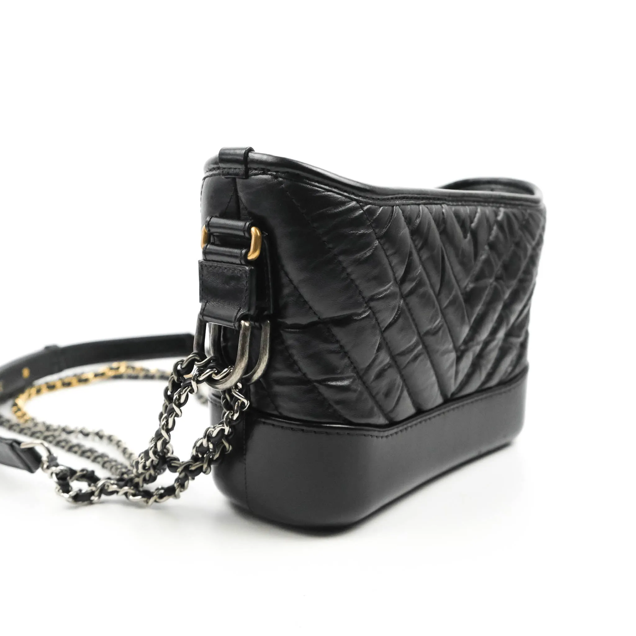 Chanel Quilted Small Gabrielle Hobo Black Chevron Aged Calfskin Mixed Hardware