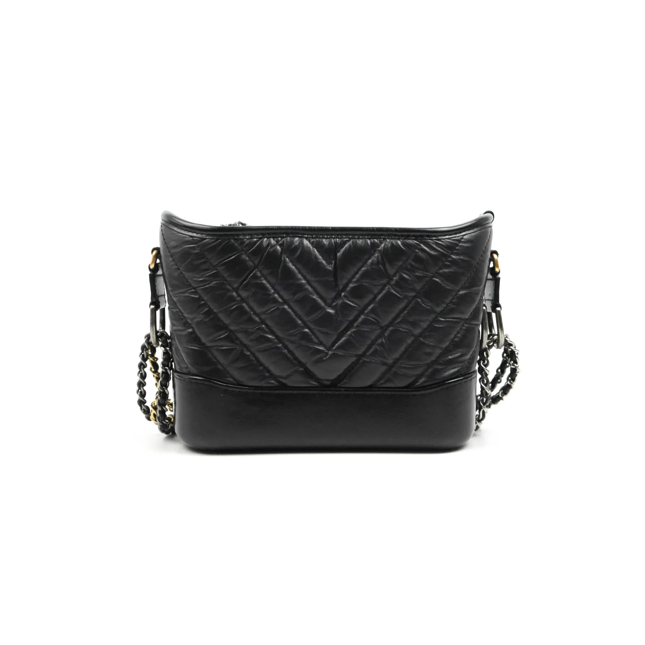 Chanel Quilted Small Gabrielle Hobo Black Chevron Aged Calfskin Mixed Hardware