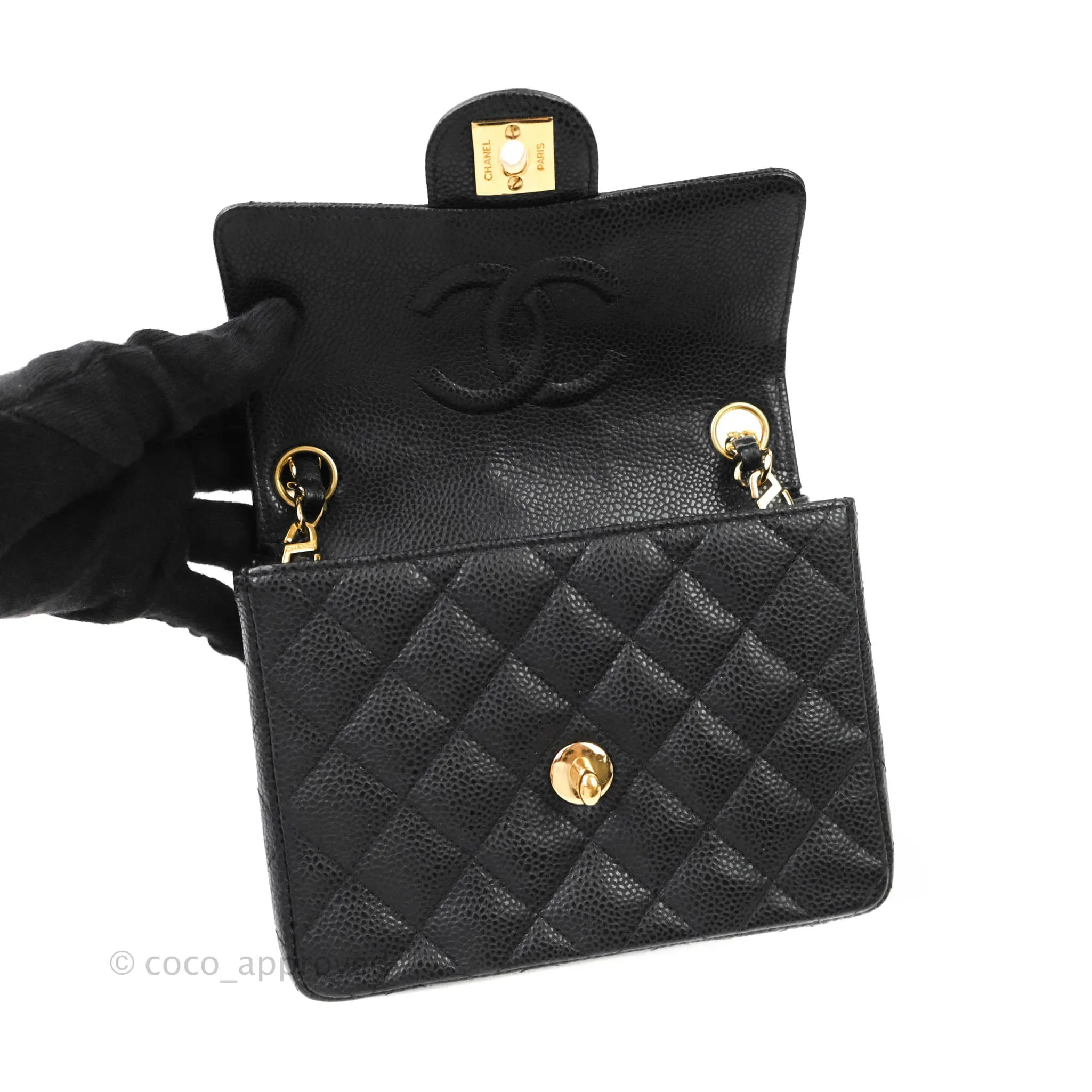 Chanel Quilted Vintage Mini Square Flap Black Caviar 24K Gold Hardware