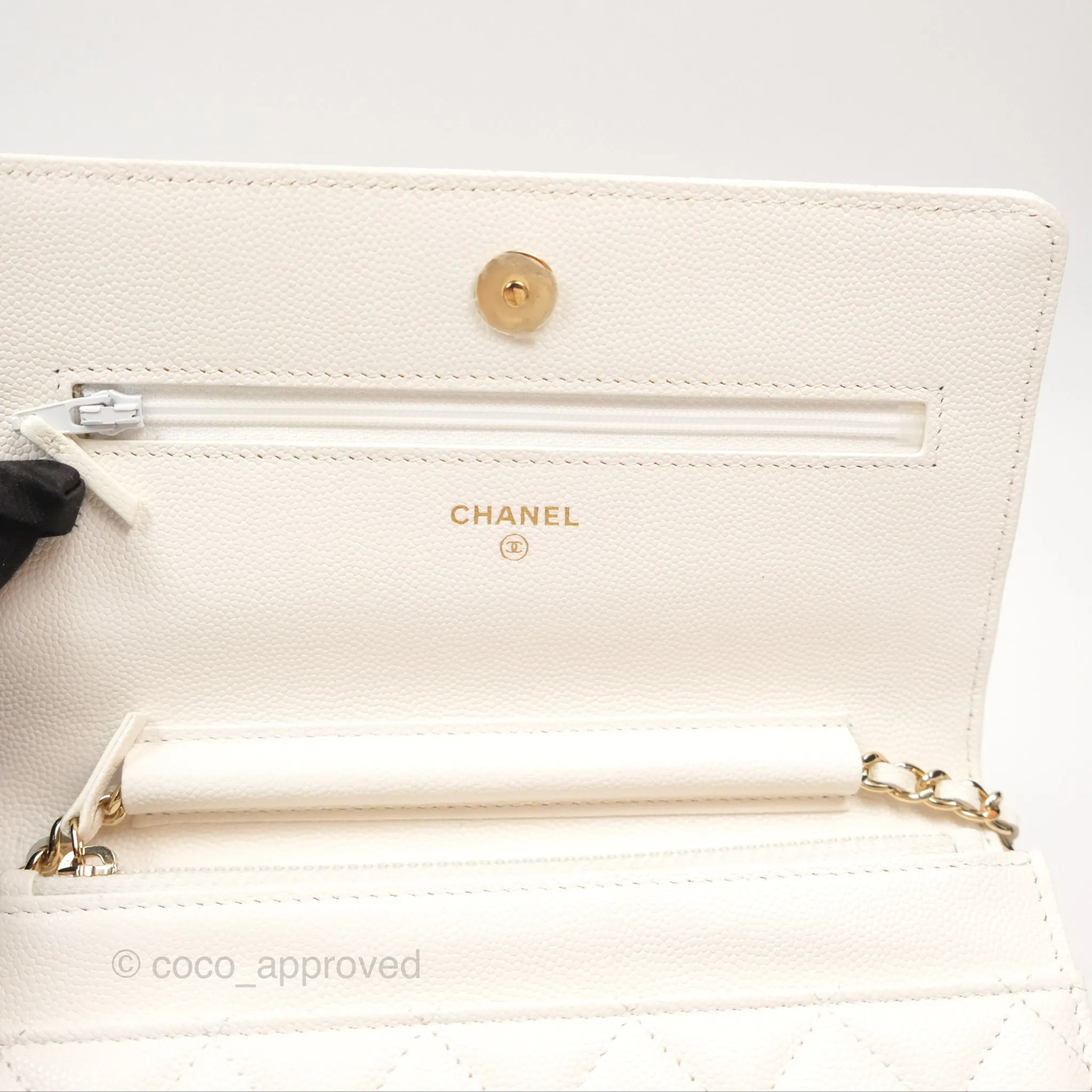Chanel Quilted Wallet On Chain WOC With Charms White Caviar Gold Hardware