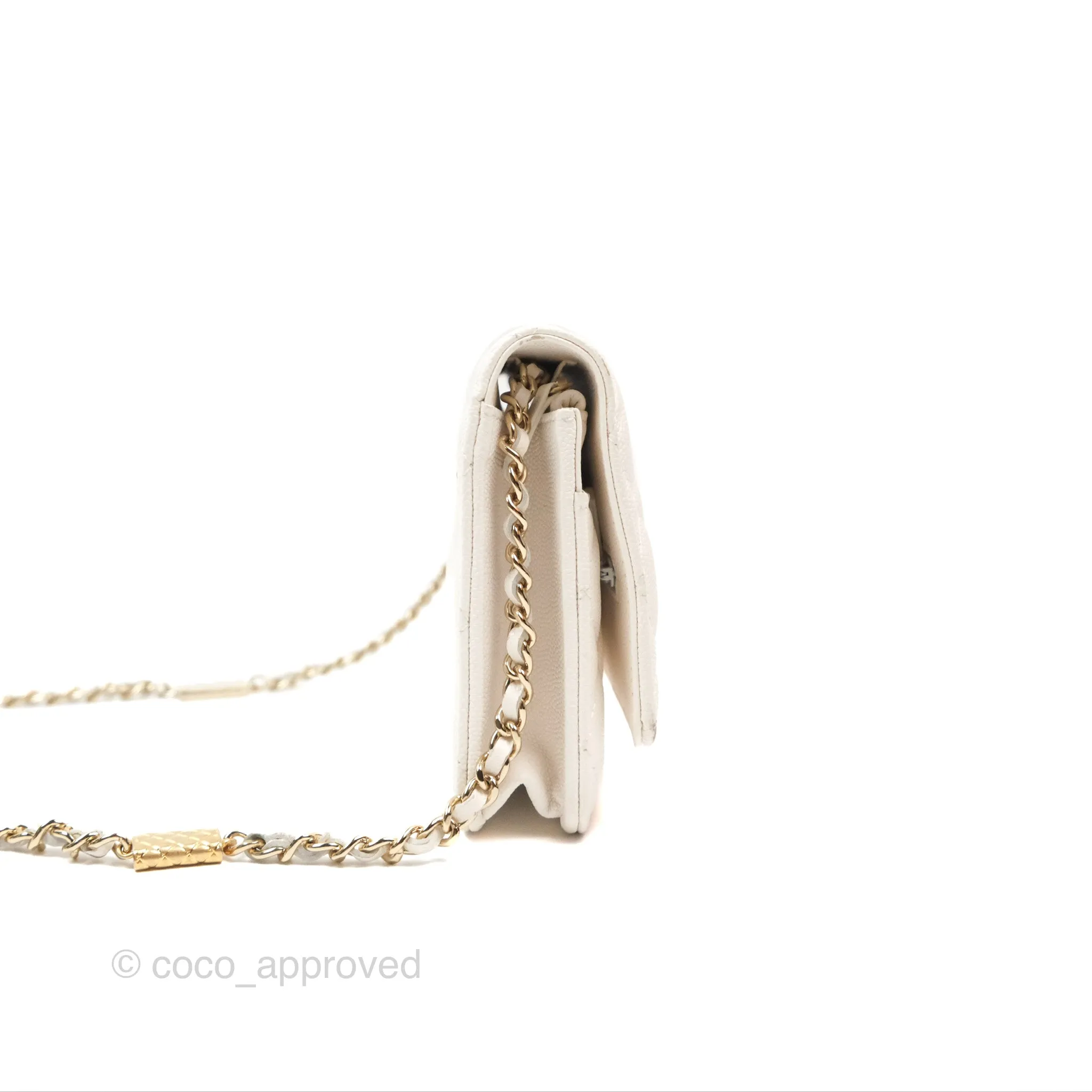Chanel Quilted Wallet On Chain WOC With Charms White Caviar Gold Hardware