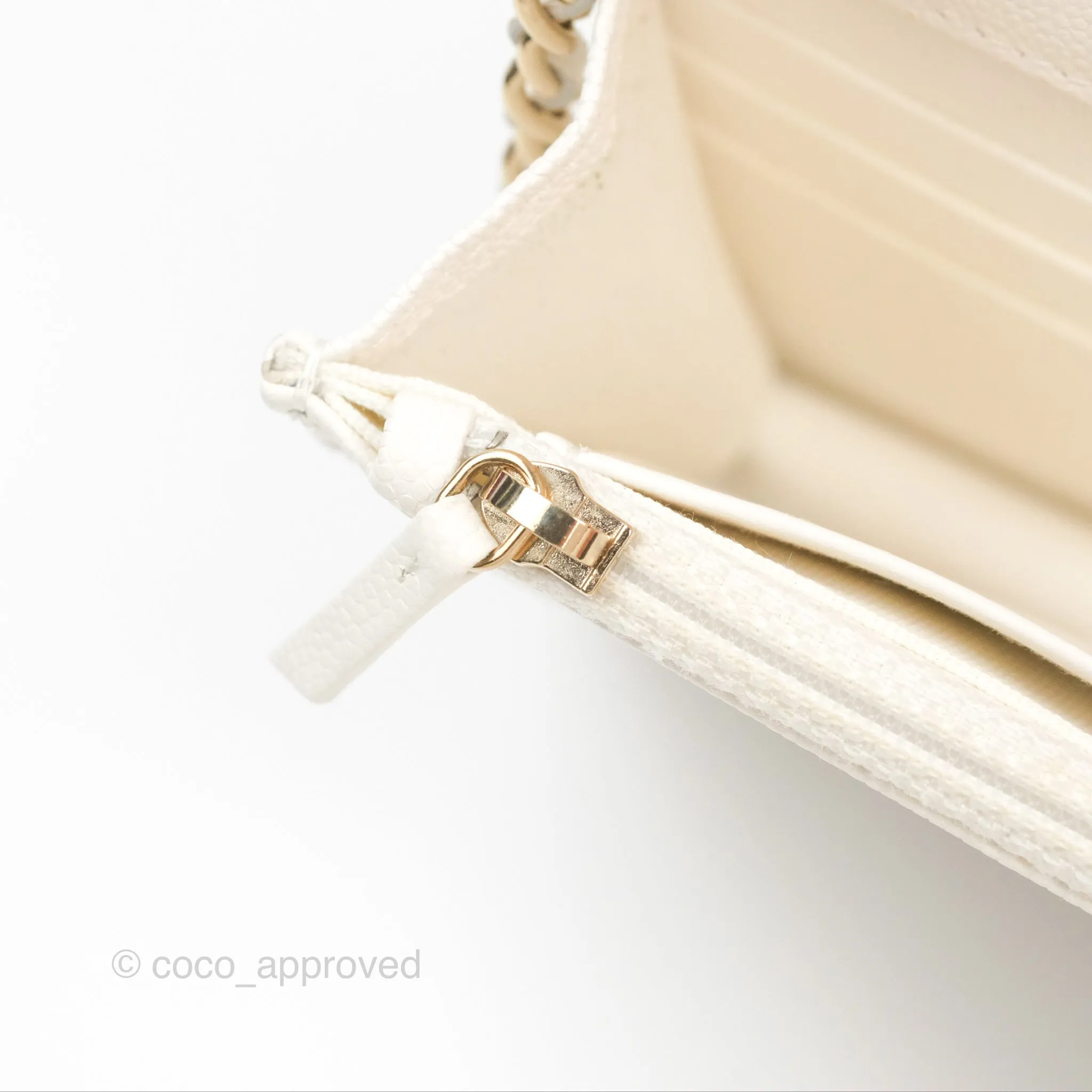 Chanel Quilted Wallet On Chain WOC With Charms White Caviar Gold Hardware