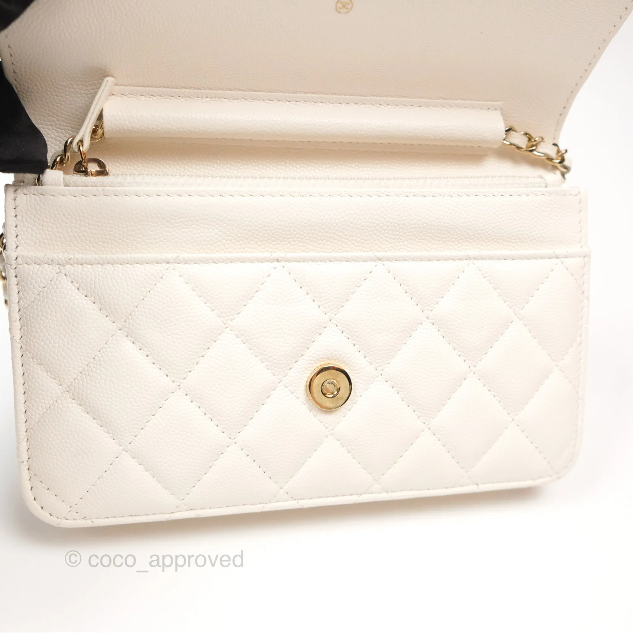 Chanel Quilted Wallet On Chain WOC With Charms White Caviar Gold Hardware