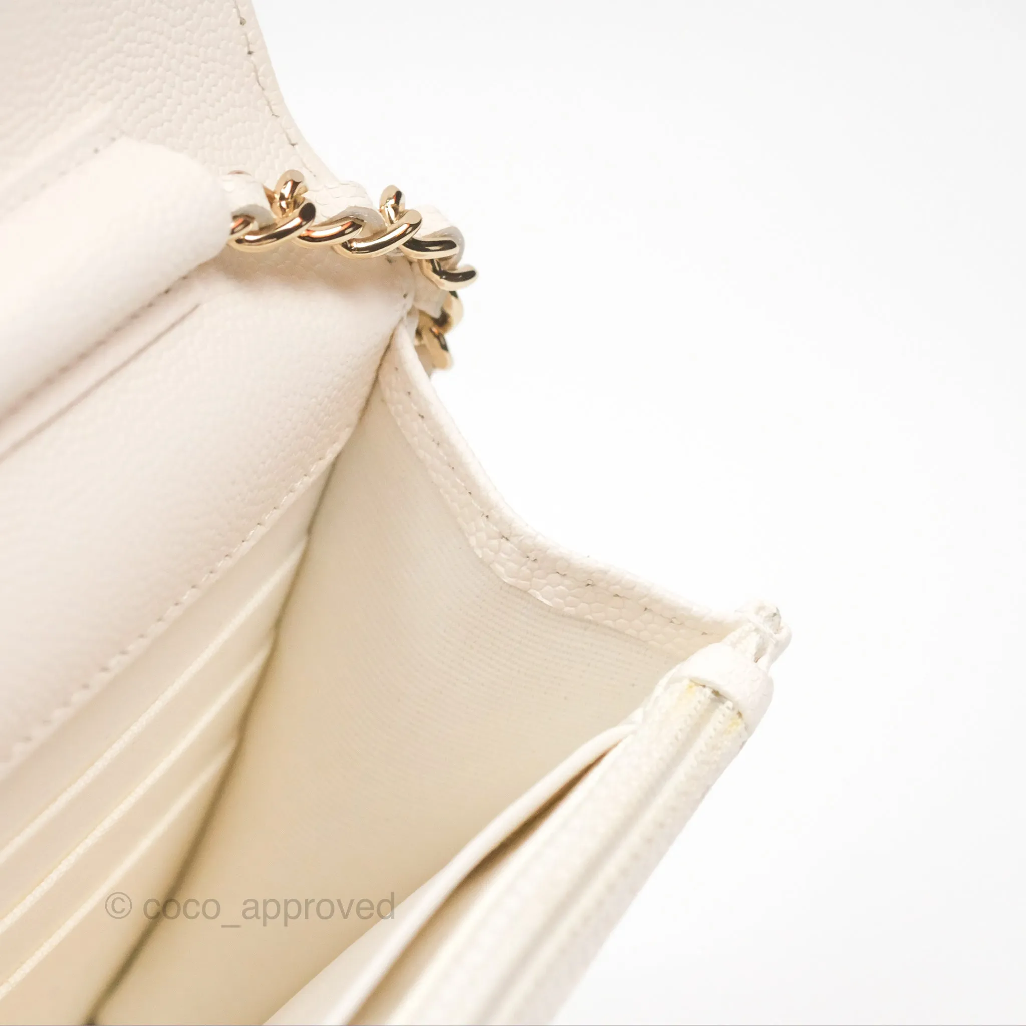 Chanel Quilted Wallet On Chain WOC With Charms White Caviar Gold Hardware