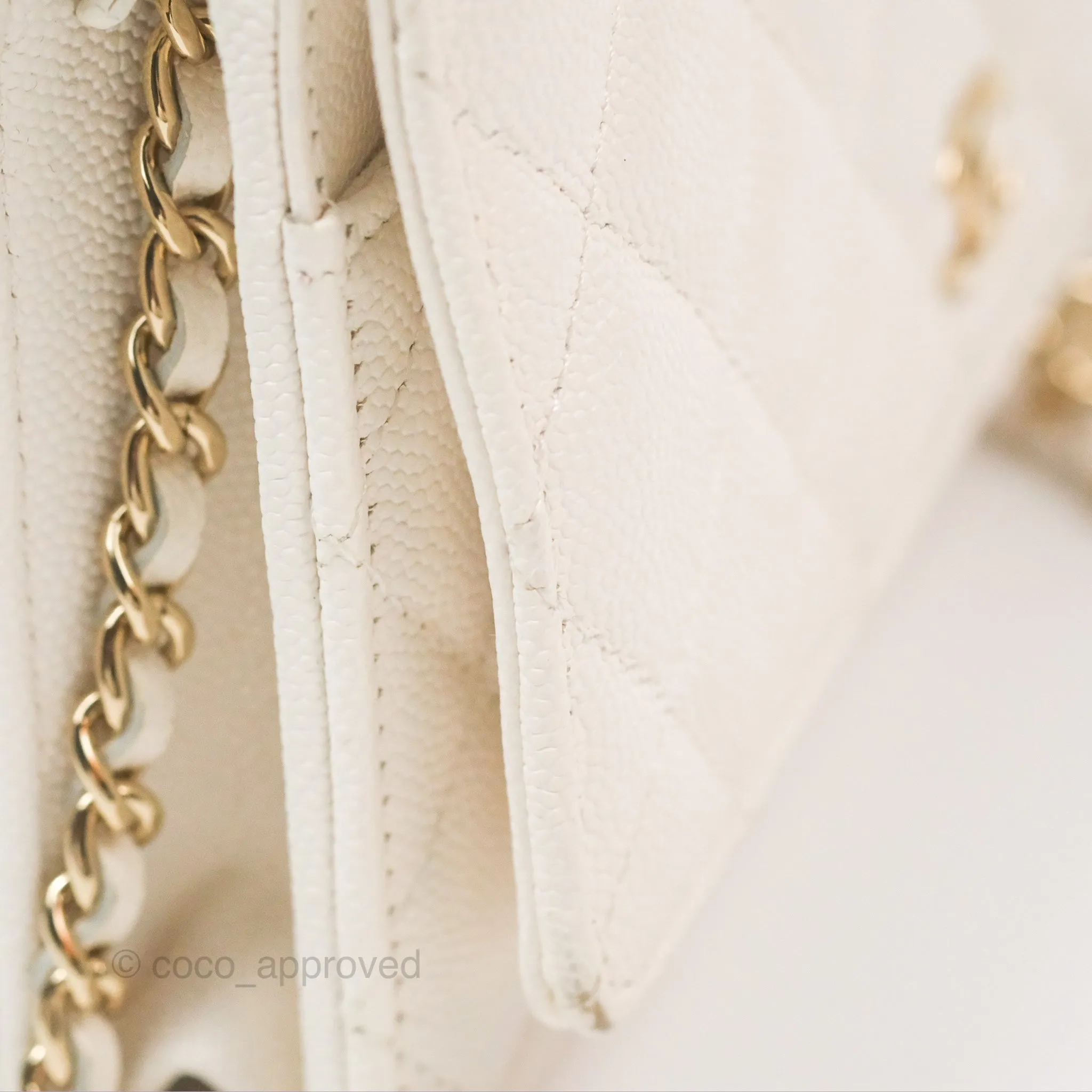 Chanel Quilted Wallet On Chain WOC With Charms White Caviar Gold Hardware