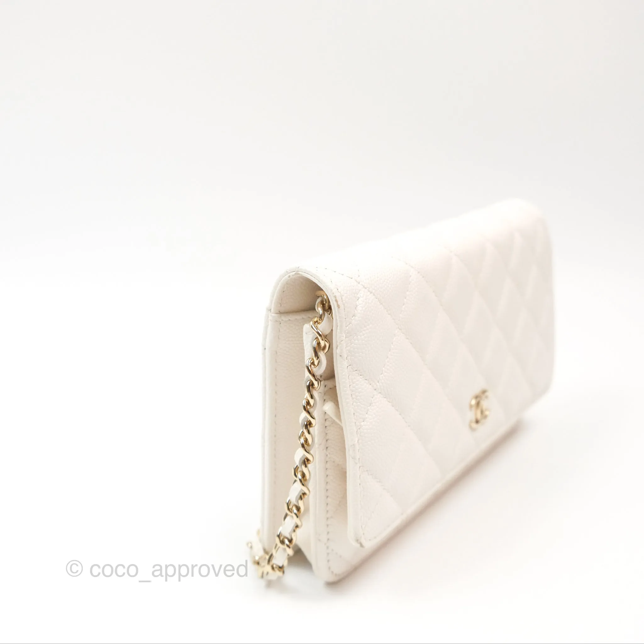 Chanel Quilted Wallet On Chain WOC With Charms White Caviar Gold Hardware