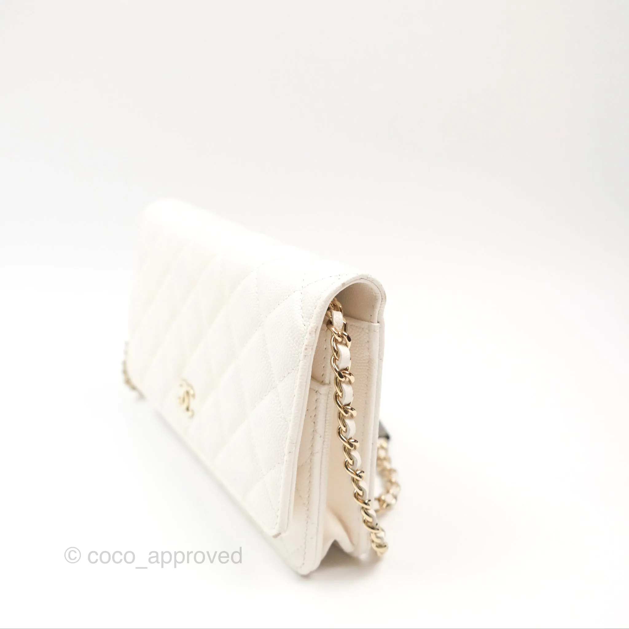 Chanel Quilted Wallet On Chain WOC With Charms White Caviar Gold Hardware
