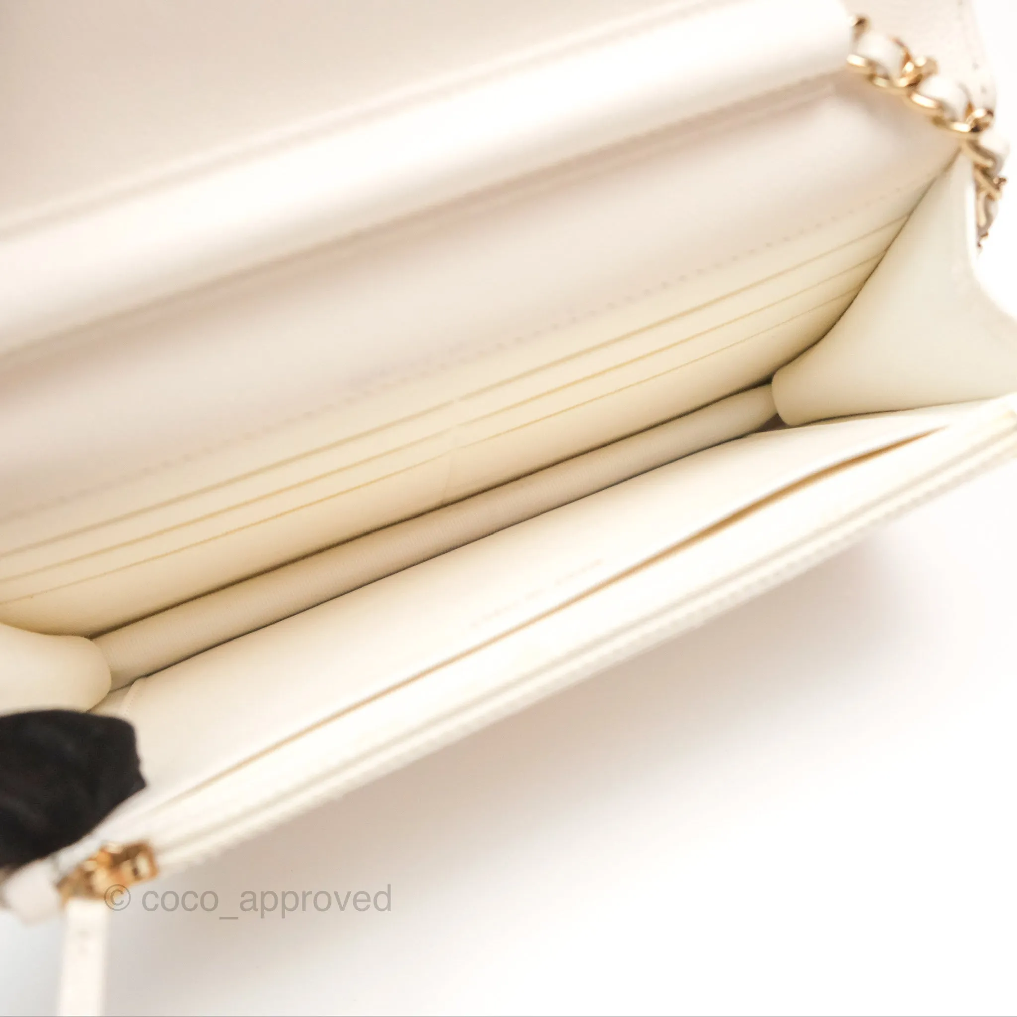 Chanel Quilted Wallet On Chain WOC With Charms White Caviar Gold Hardware