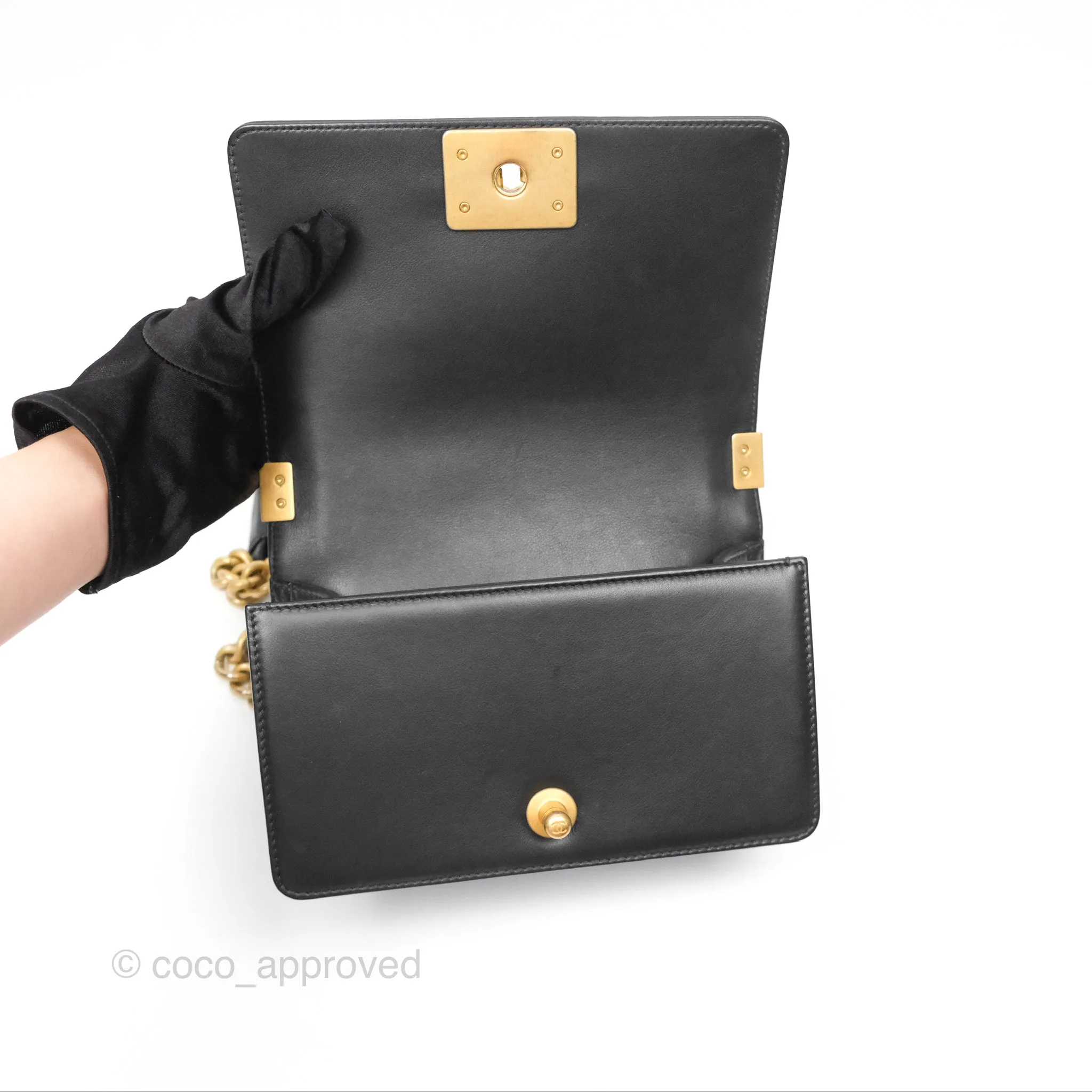 Chanel Small Boy Black Calfskin Aged Gold Hardware