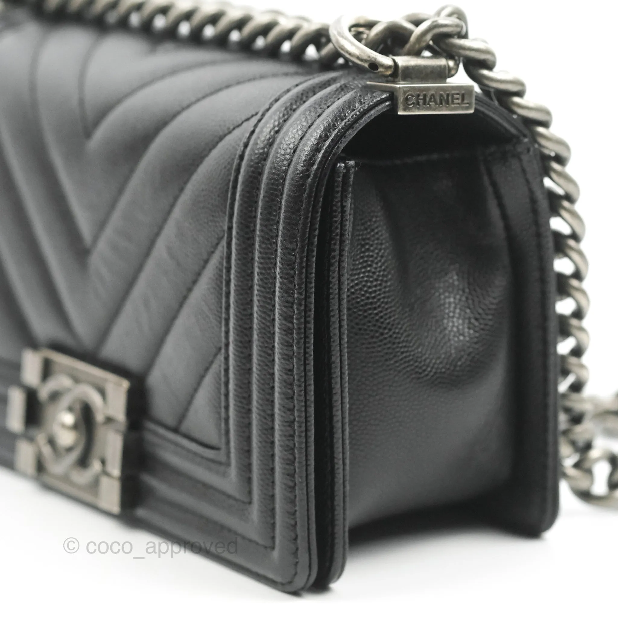 Chanel Small Boy Chevron Black Caviar Ruthenium Hardware
