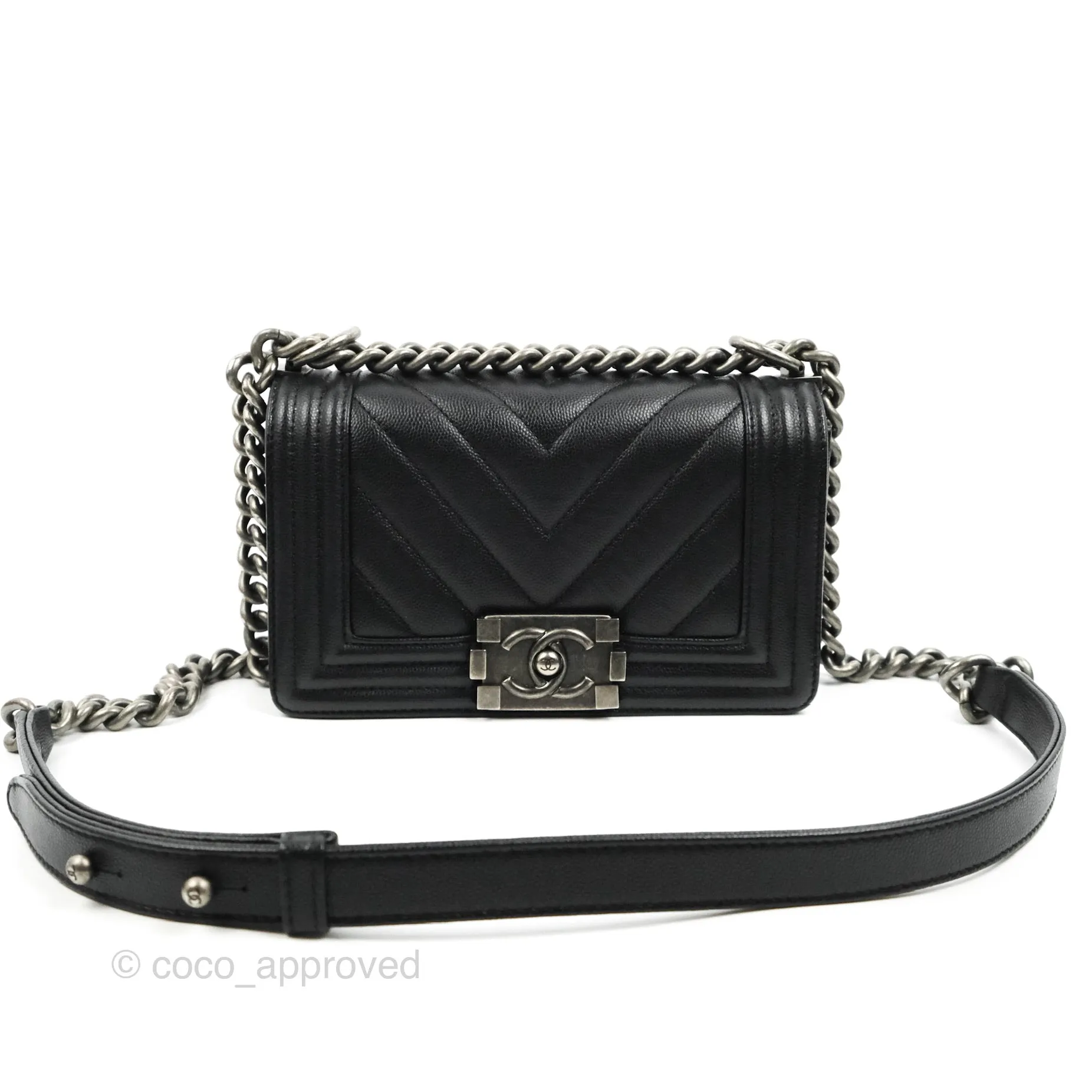 Chanel Small Boy Chevron Black Caviar Ruthenium Hardware