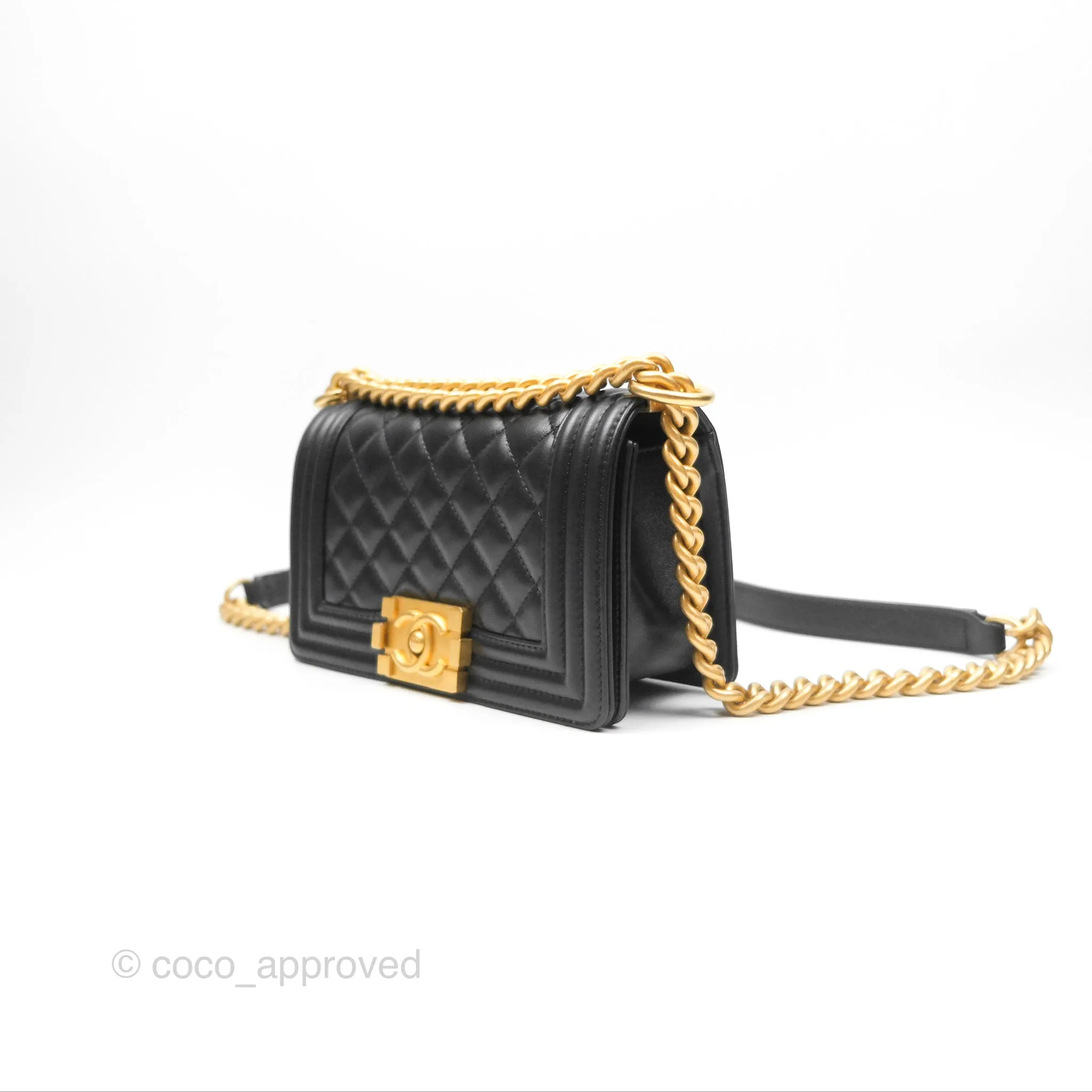 Chanel Small Boy Quilted Black Calfskin Aged Gold Hardware