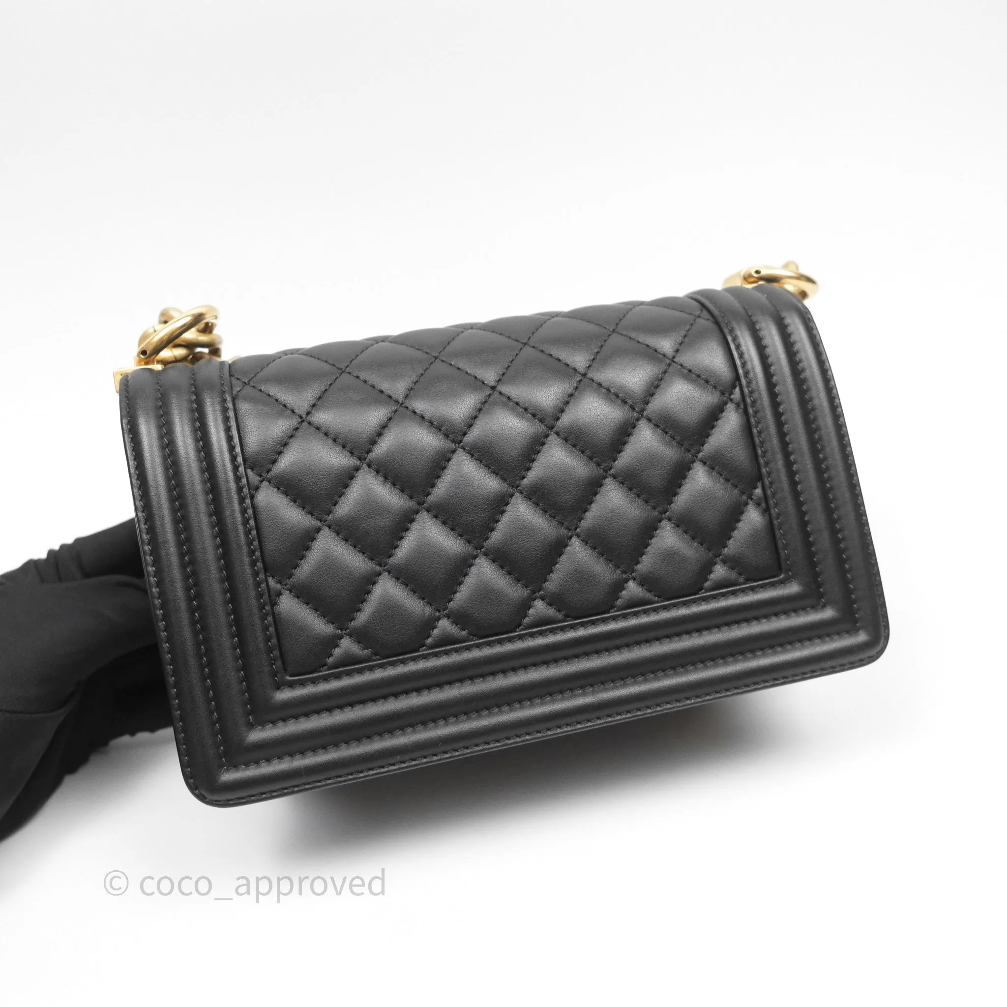 Chanel Small Boy Quilted Black Calfskin Aged Gold Hardware