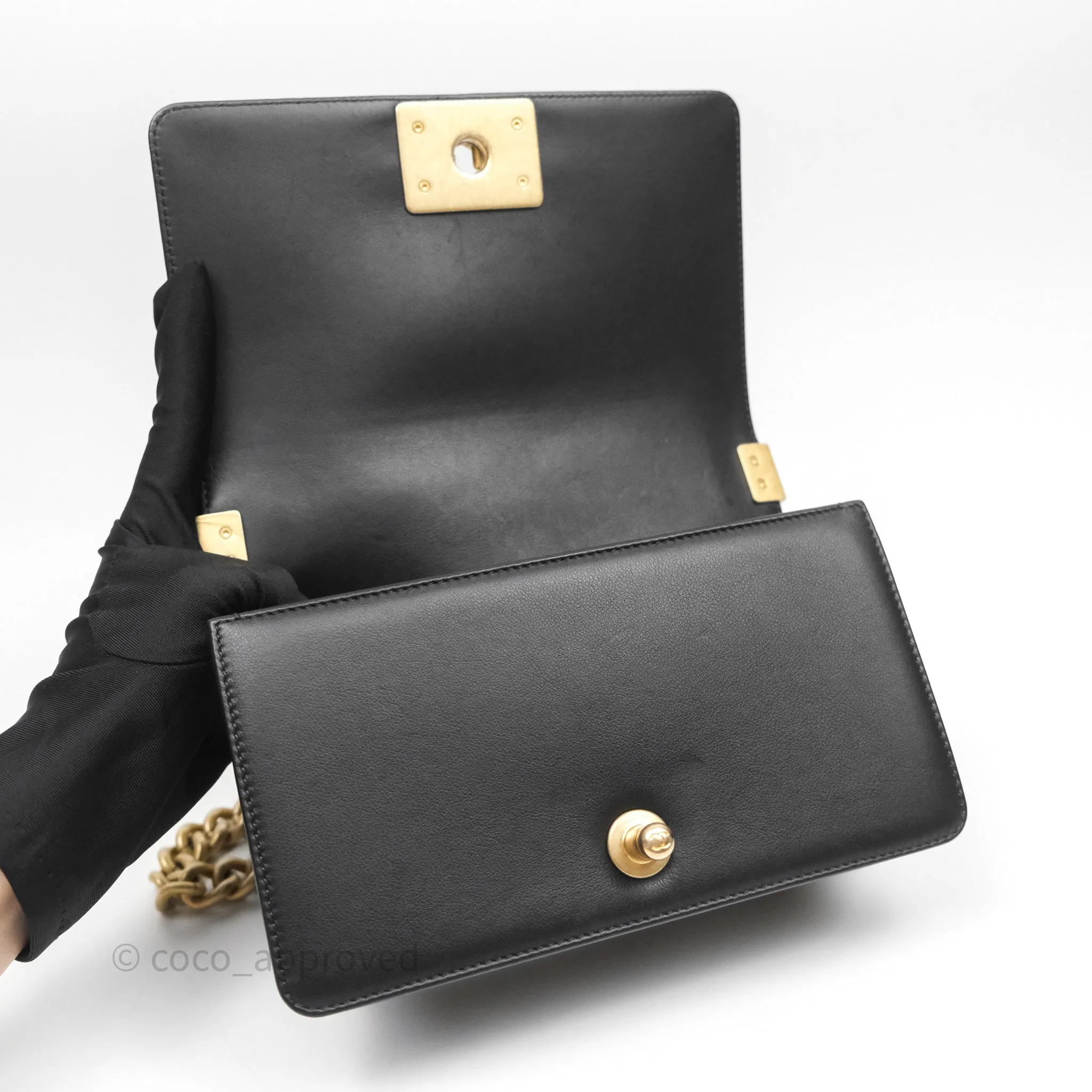 Chanel Small Boy Quilted Black Calfskin Aged Gold Hardware