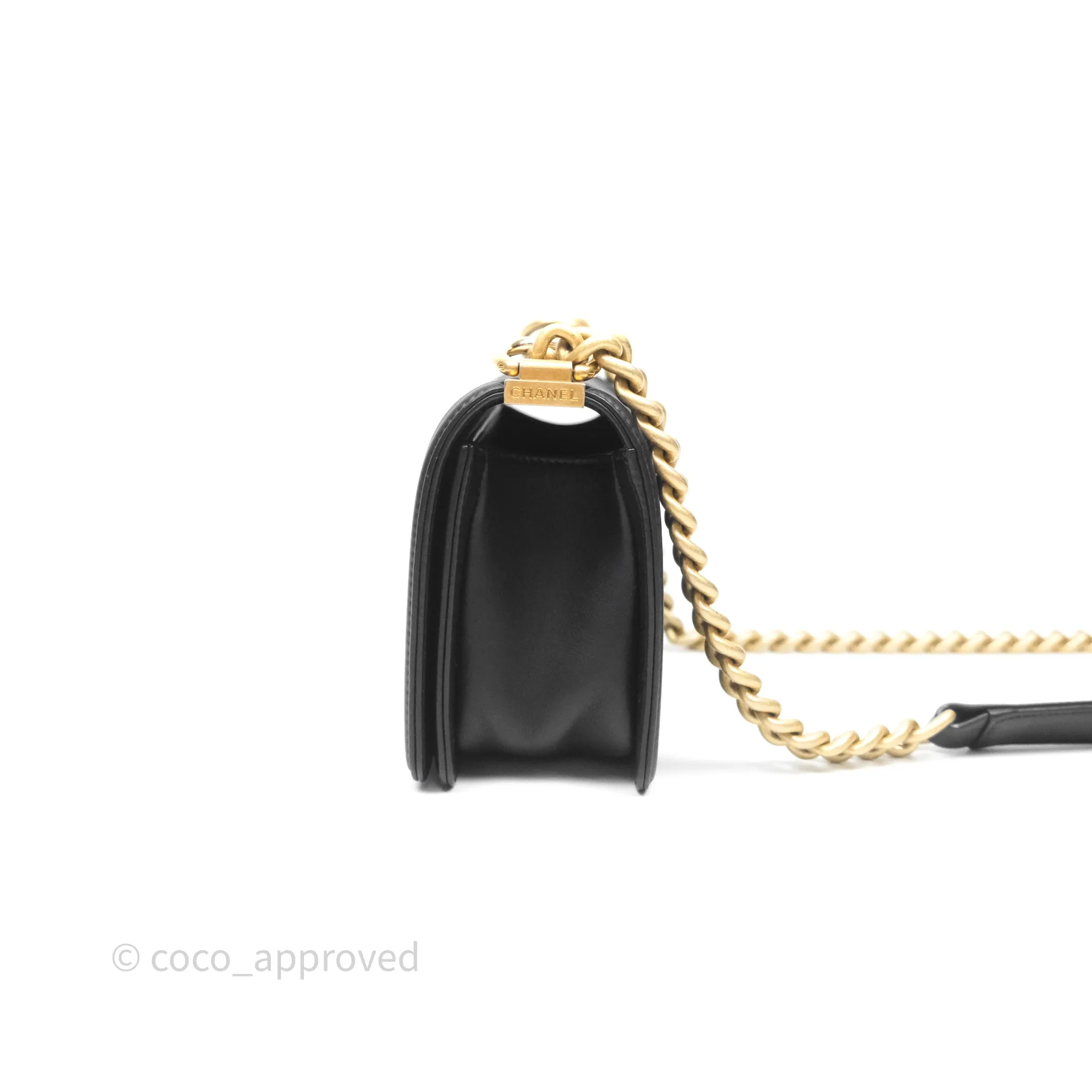 Chanel Small Boy Quilted Black Calfskin Aged Gold Hardware