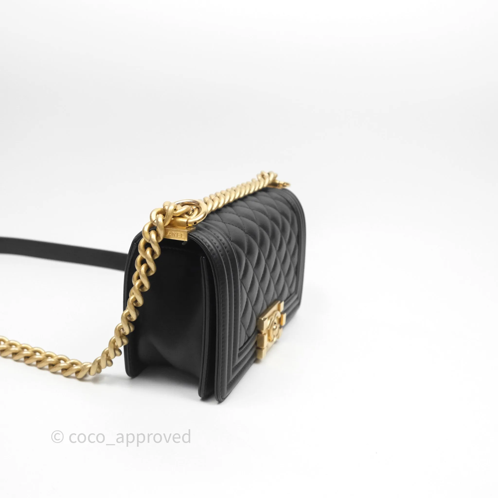 Chanel Small Boy Quilted Black Calfskin Aged Gold Hardware