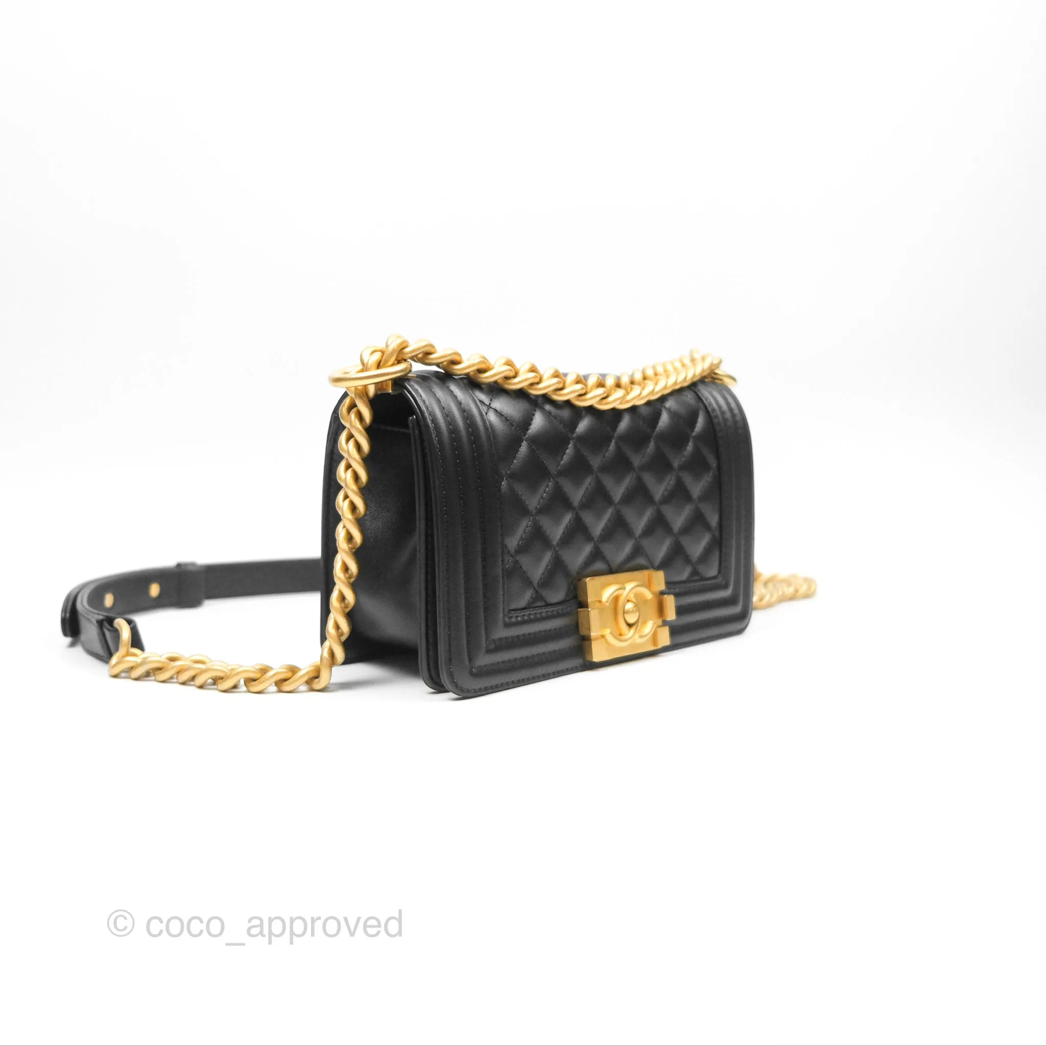 Chanel Small Boy Quilted Black Calfskin Aged Gold Hardware