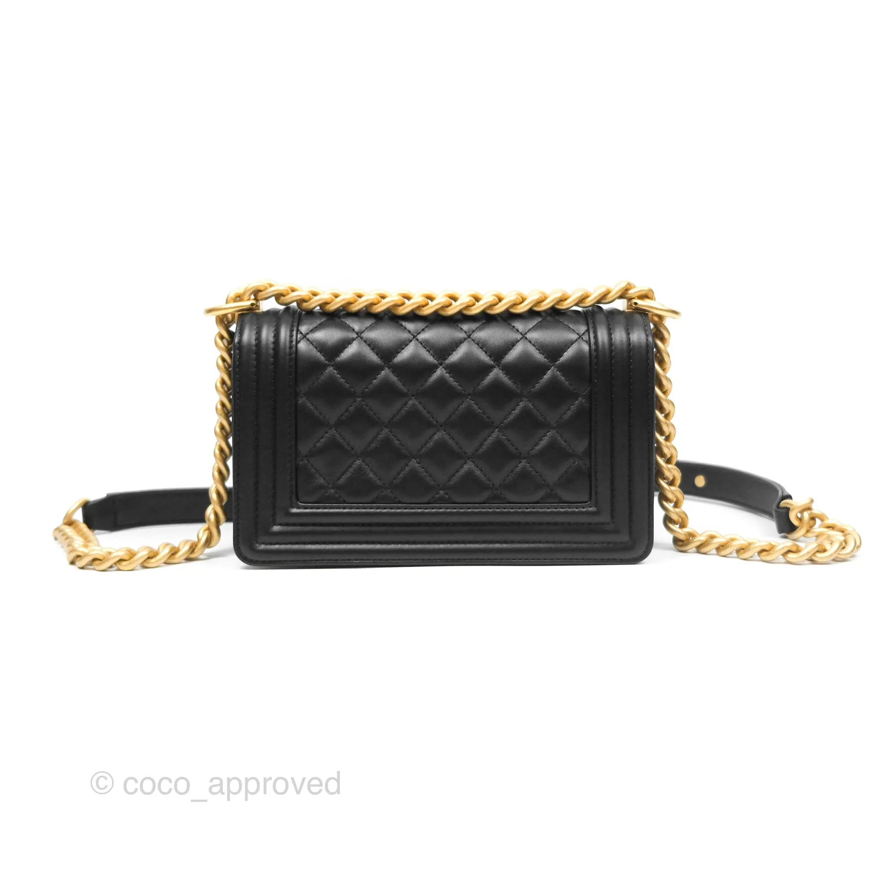 Chanel Small Boy Quilted Black Calfskin Aged Gold Hardware