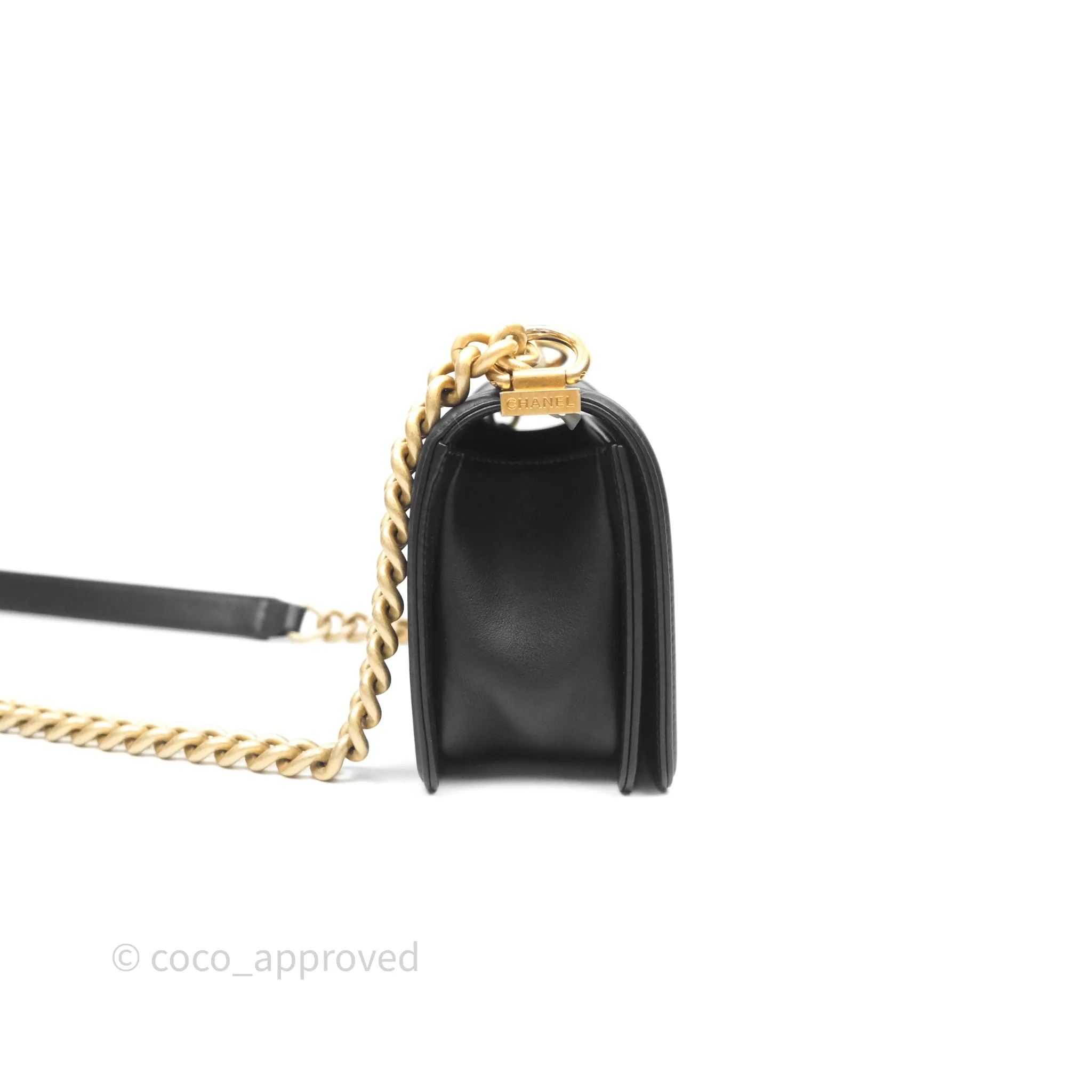 Chanel Small Boy Quilted Black Calfskin Aged Gold Hardware