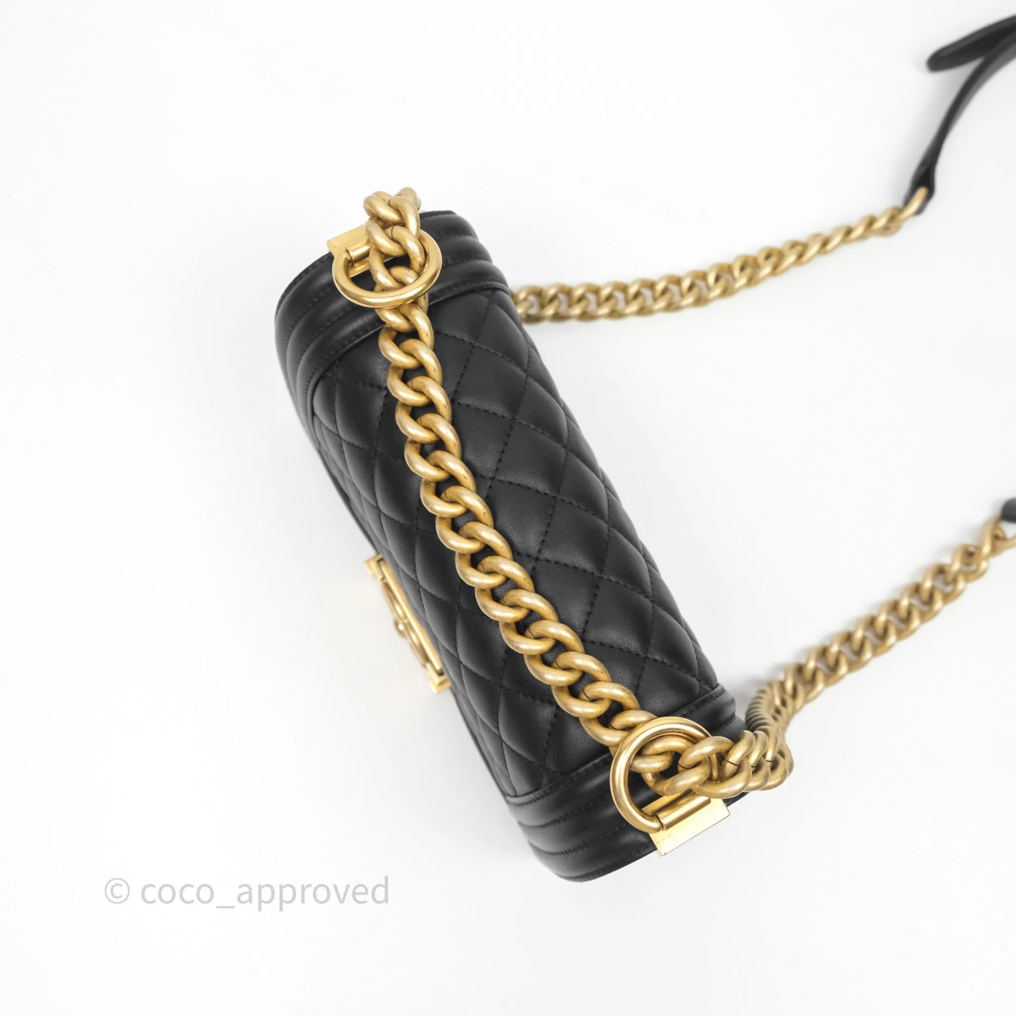 Chanel Small Boy Quilted Black Calfskin Aged Gold Hardware