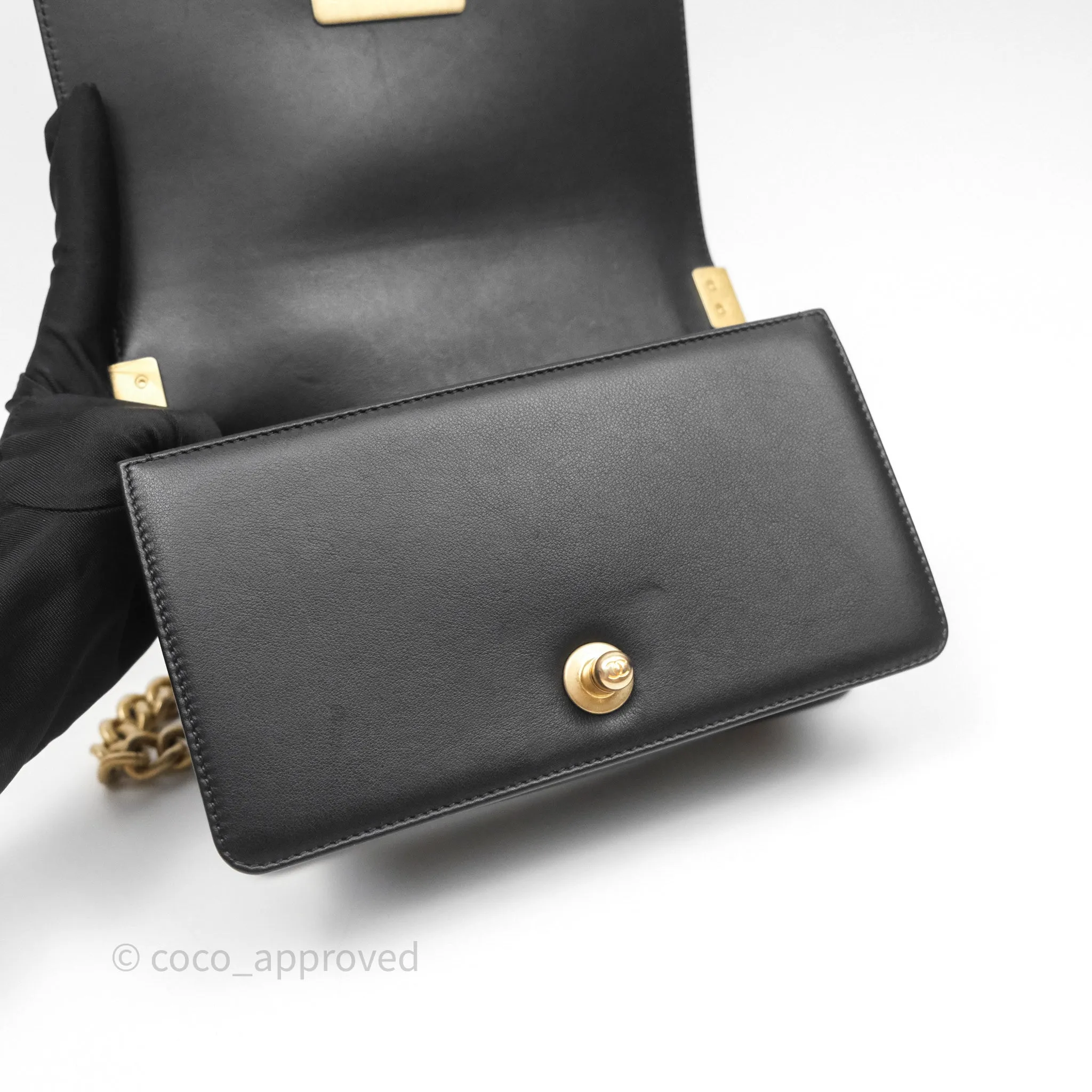 Chanel Small Boy Quilted Black Calfskin Aged Gold Hardware