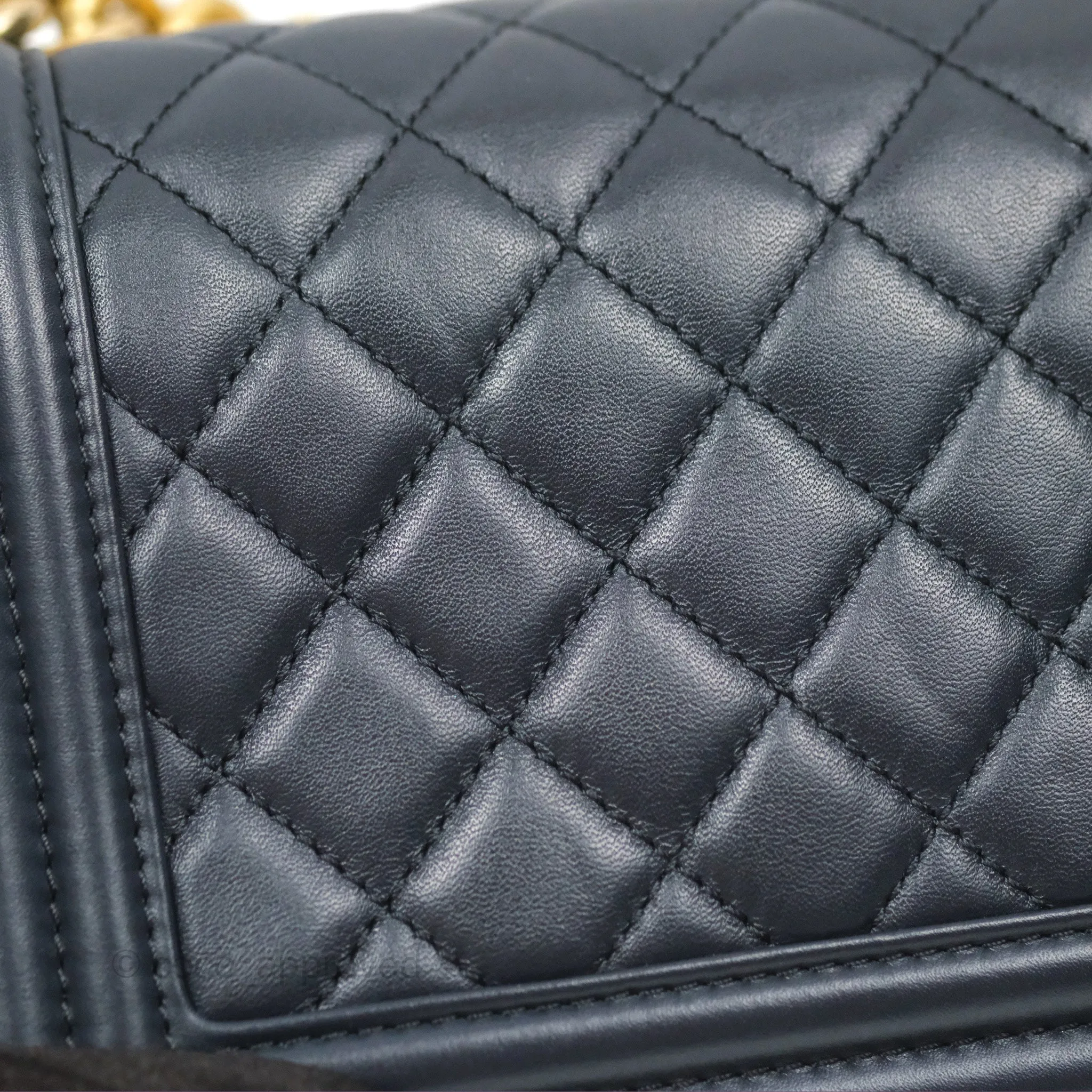 Chanel Small Boy Quilted Navy Lambskin Aged Gold Hardware