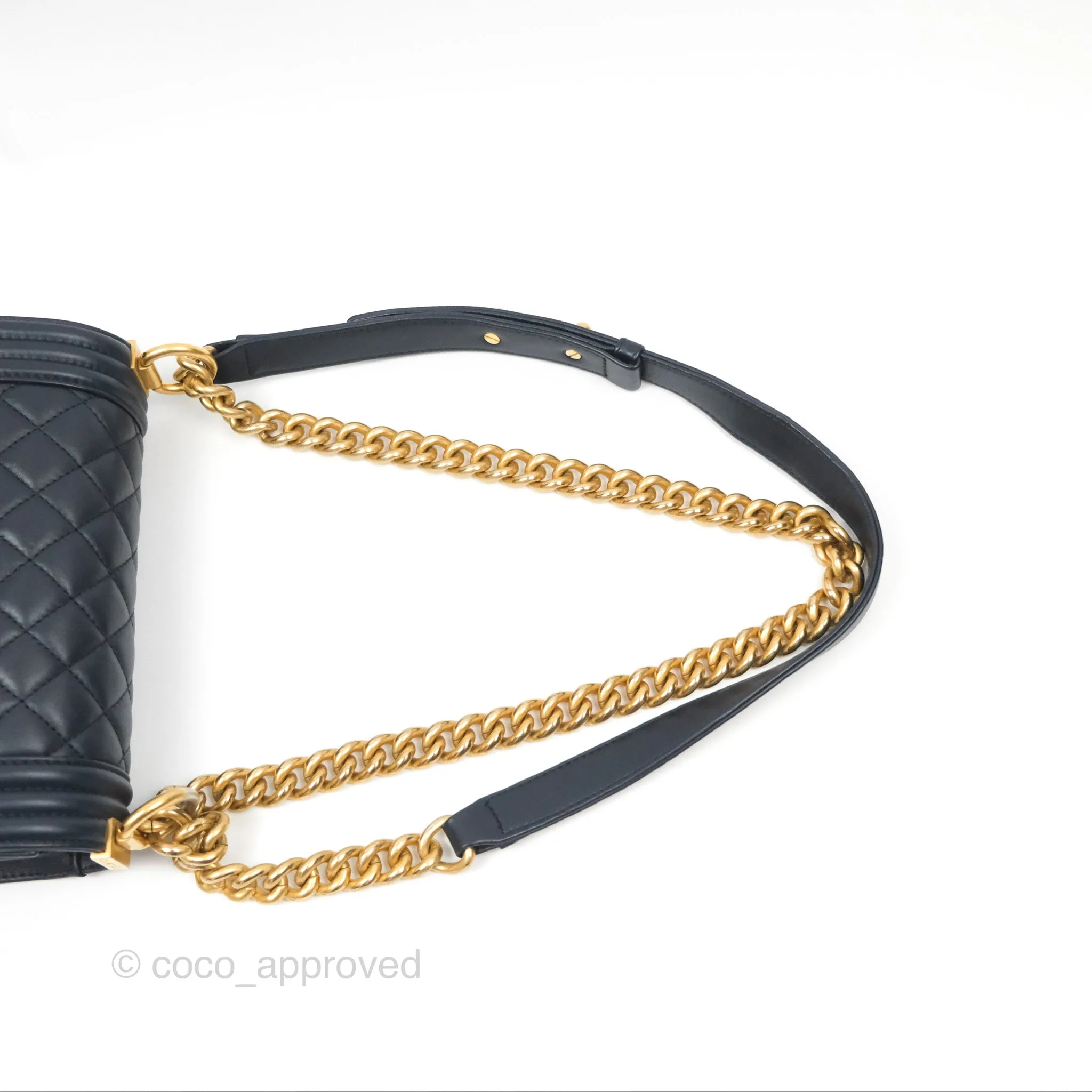 Chanel Small Boy Quilted Navy Lambskin Aged Gold Hardware