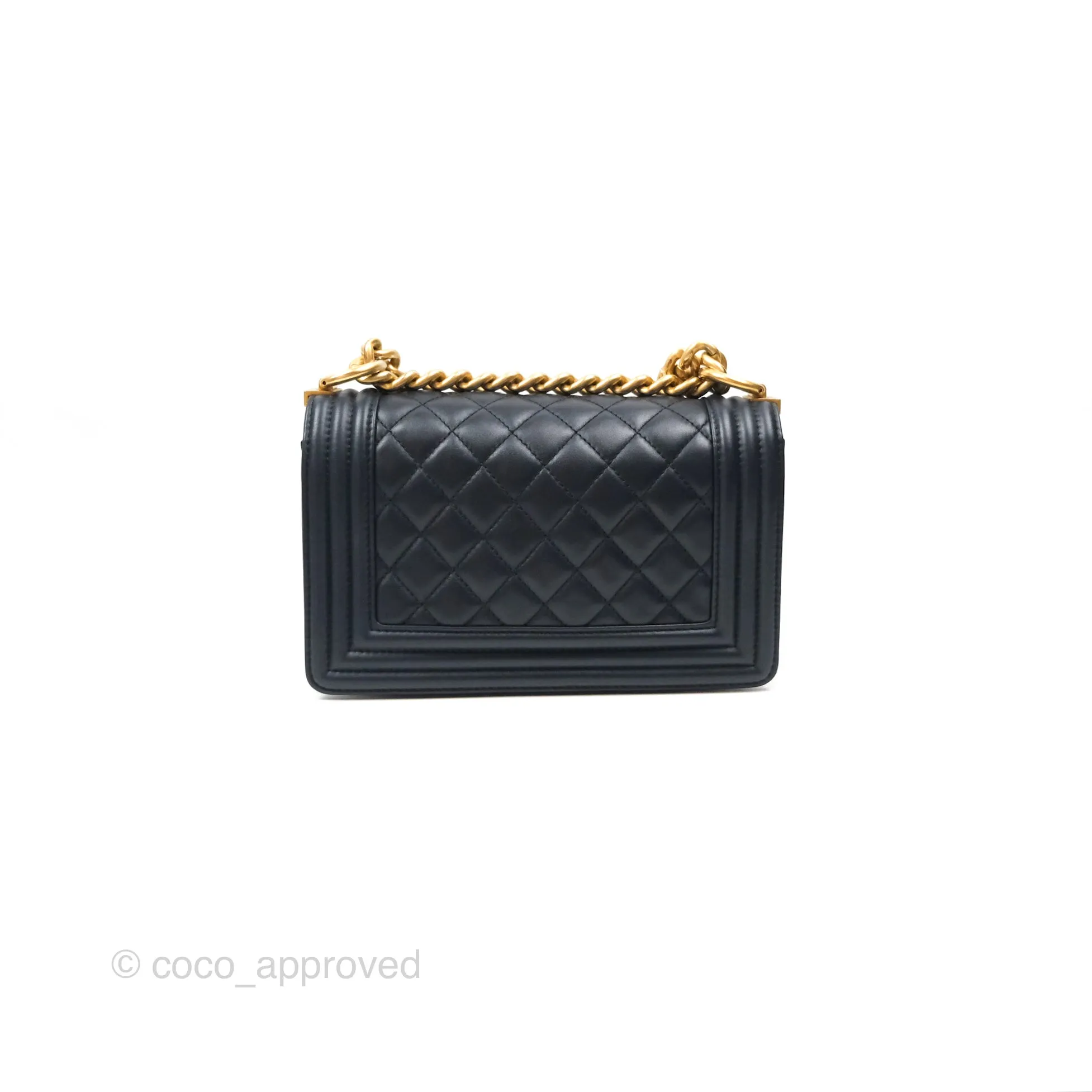 Chanel Small Boy Quilted Navy Lambskin Aged Gold Hardware