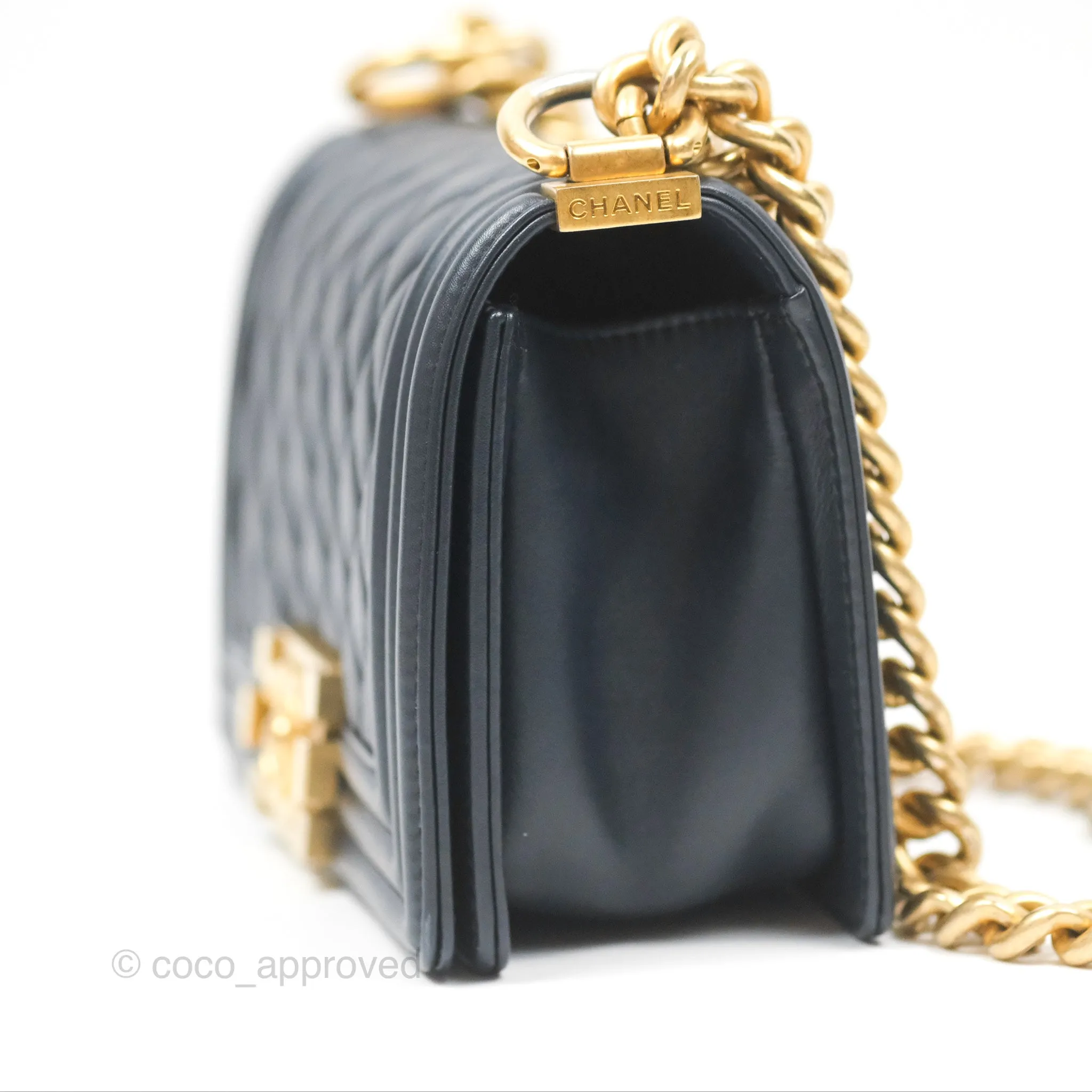 Chanel Small Boy Quilted Navy Lambskin Aged Gold Hardware