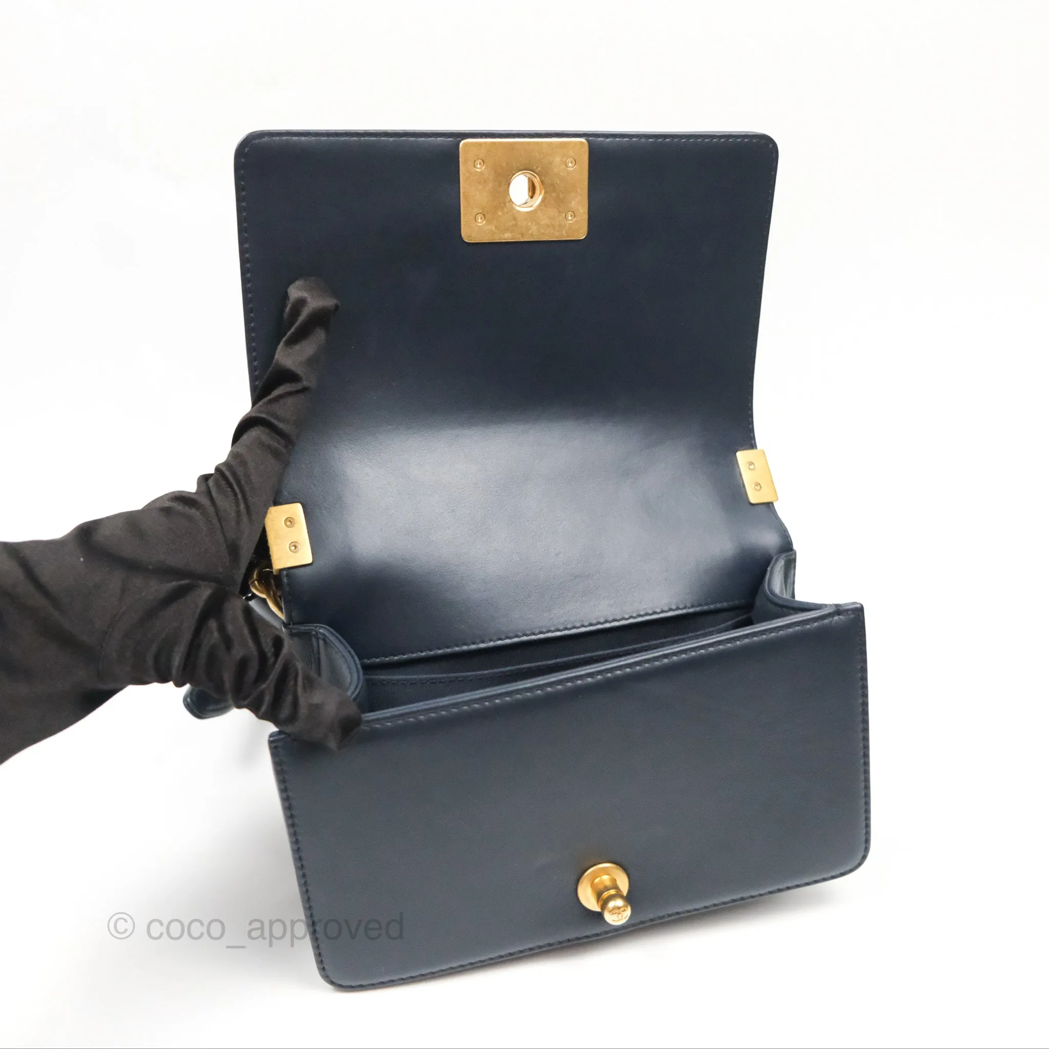 Chanel Small Boy Quilted Navy Lambskin Aged Gold Hardware