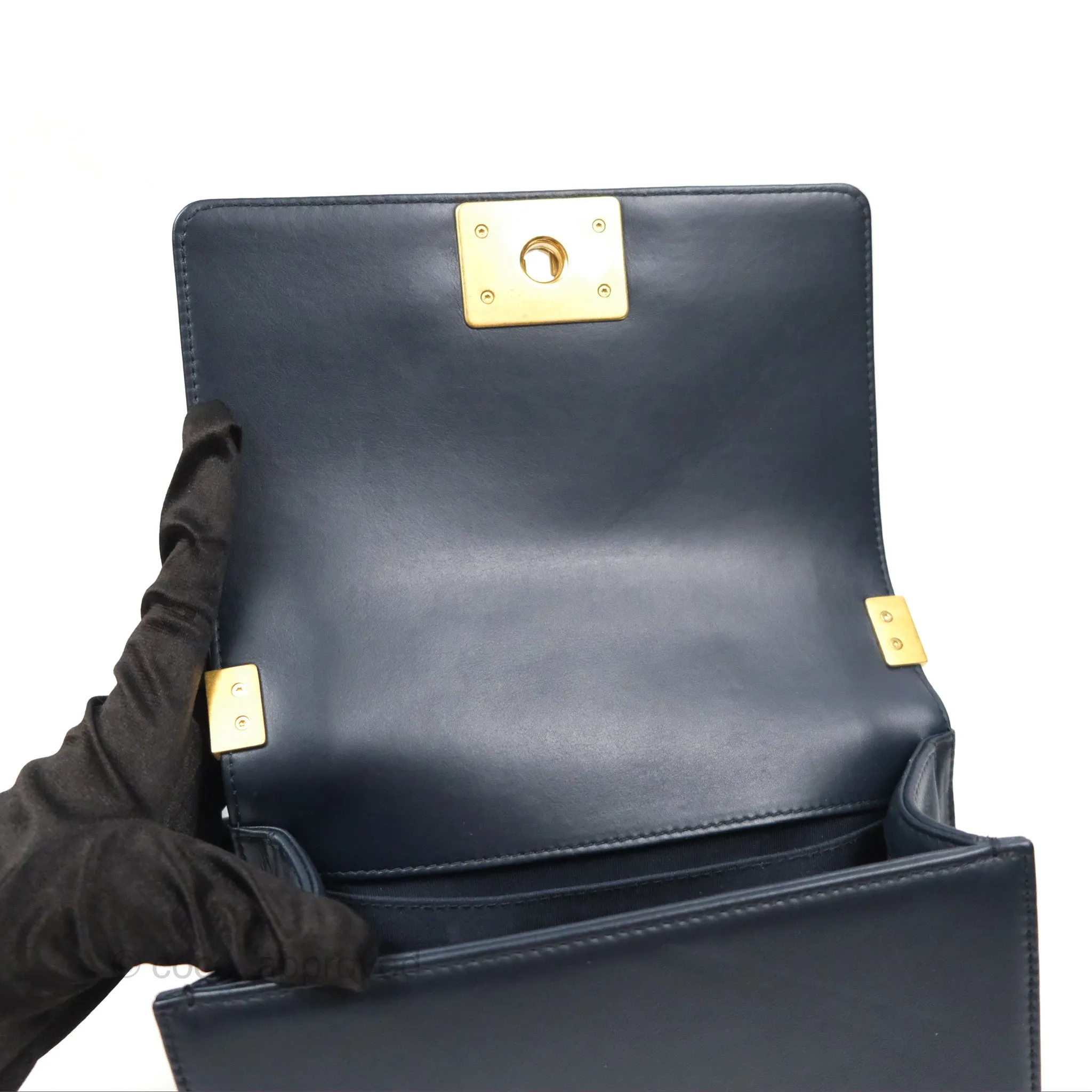Chanel Small Boy Quilted Navy Lambskin Aged Gold Hardware