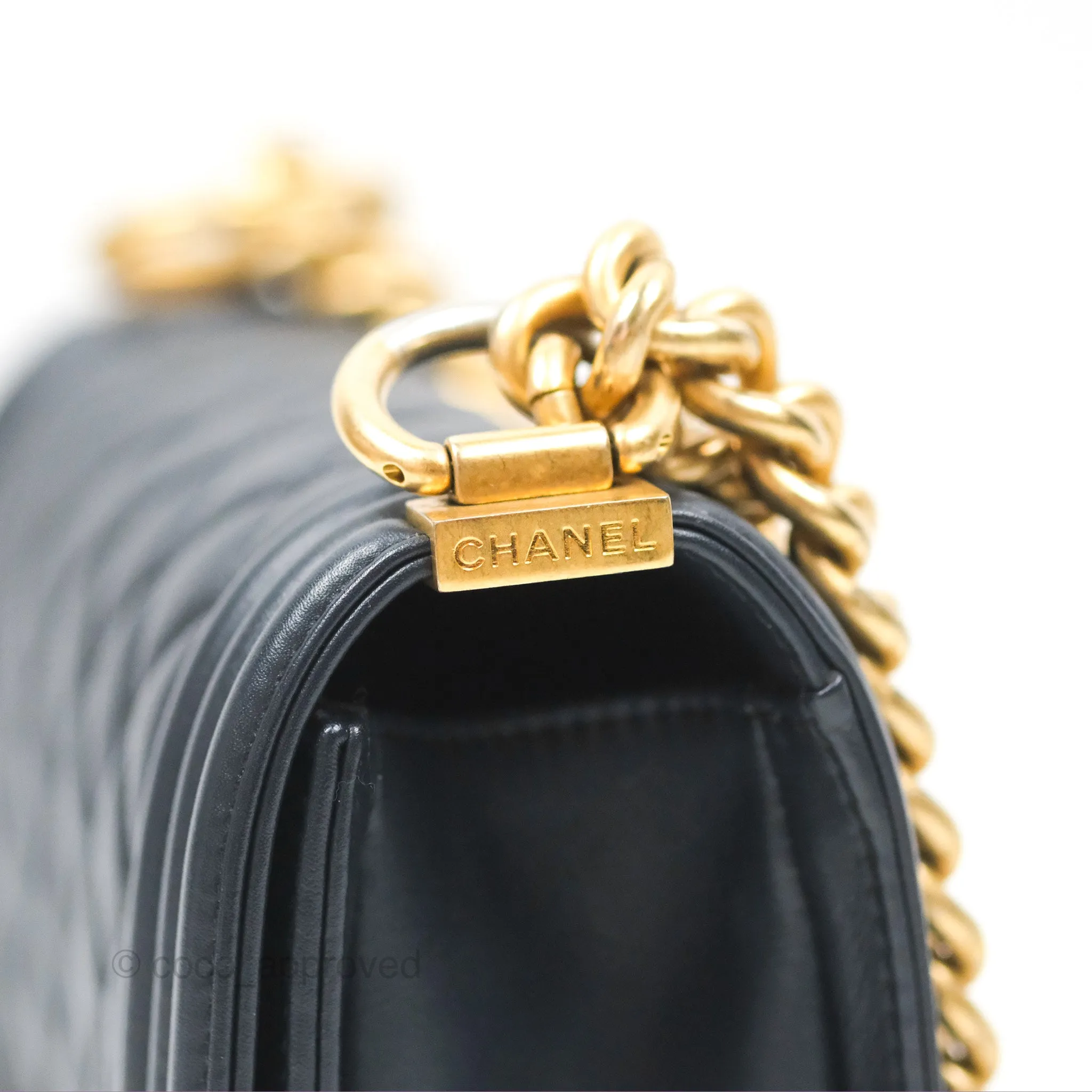Chanel Small Boy Quilted Navy Lambskin Aged Gold Hardware