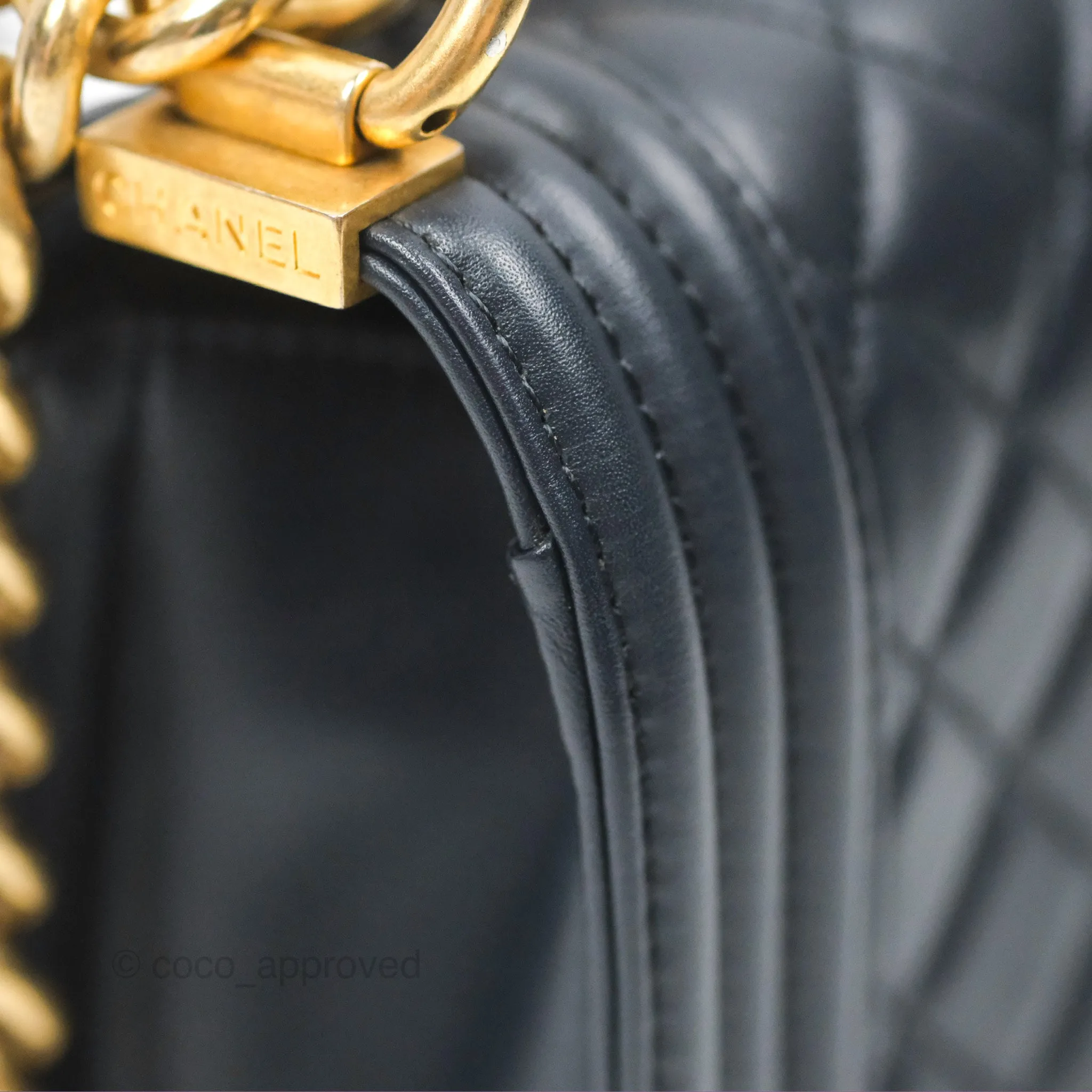 Chanel Small Boy Quilted Navy Lambskin Aged Gold Hardware