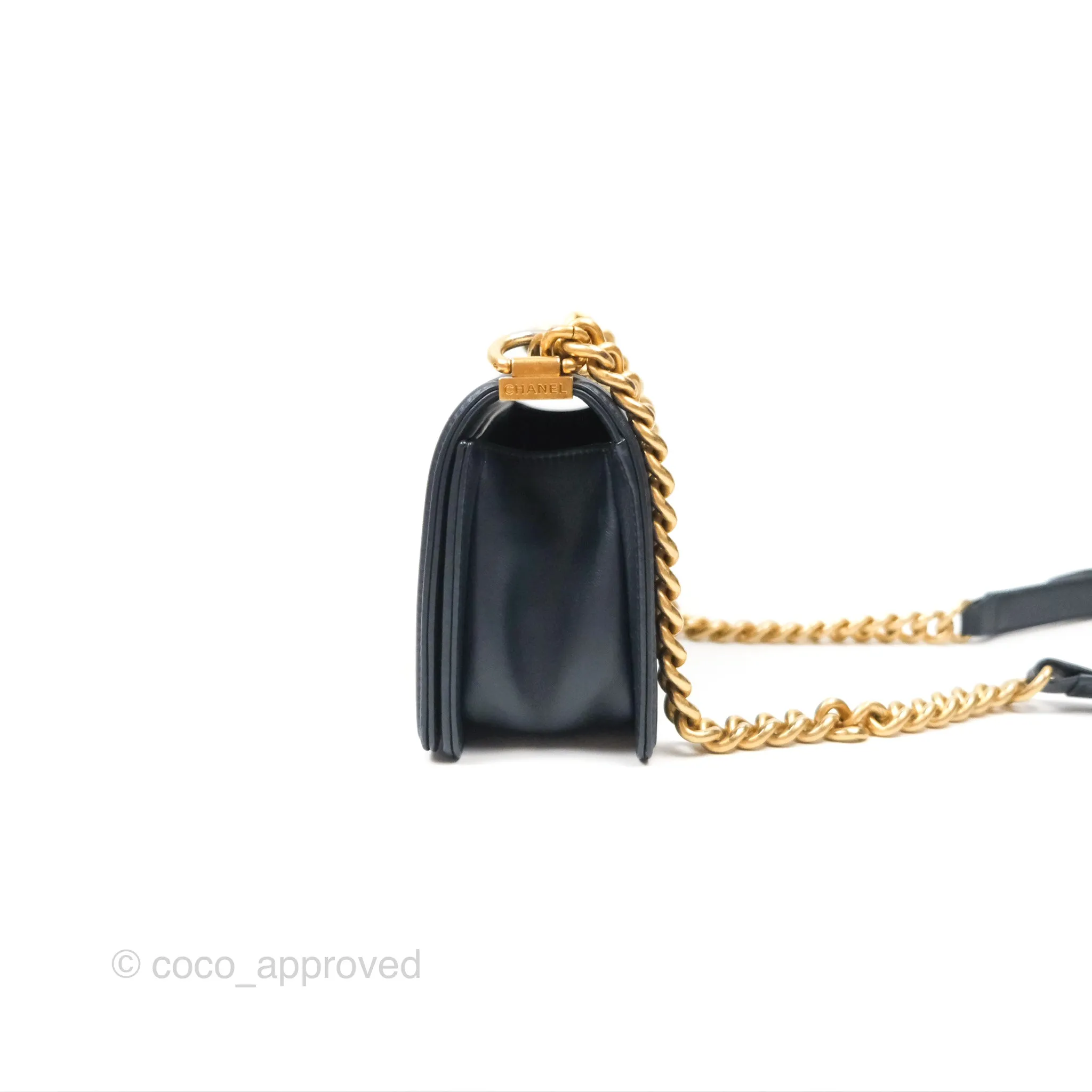 Chanel Small Boy Quilted Navy Lambskin Aged Gold Hardware