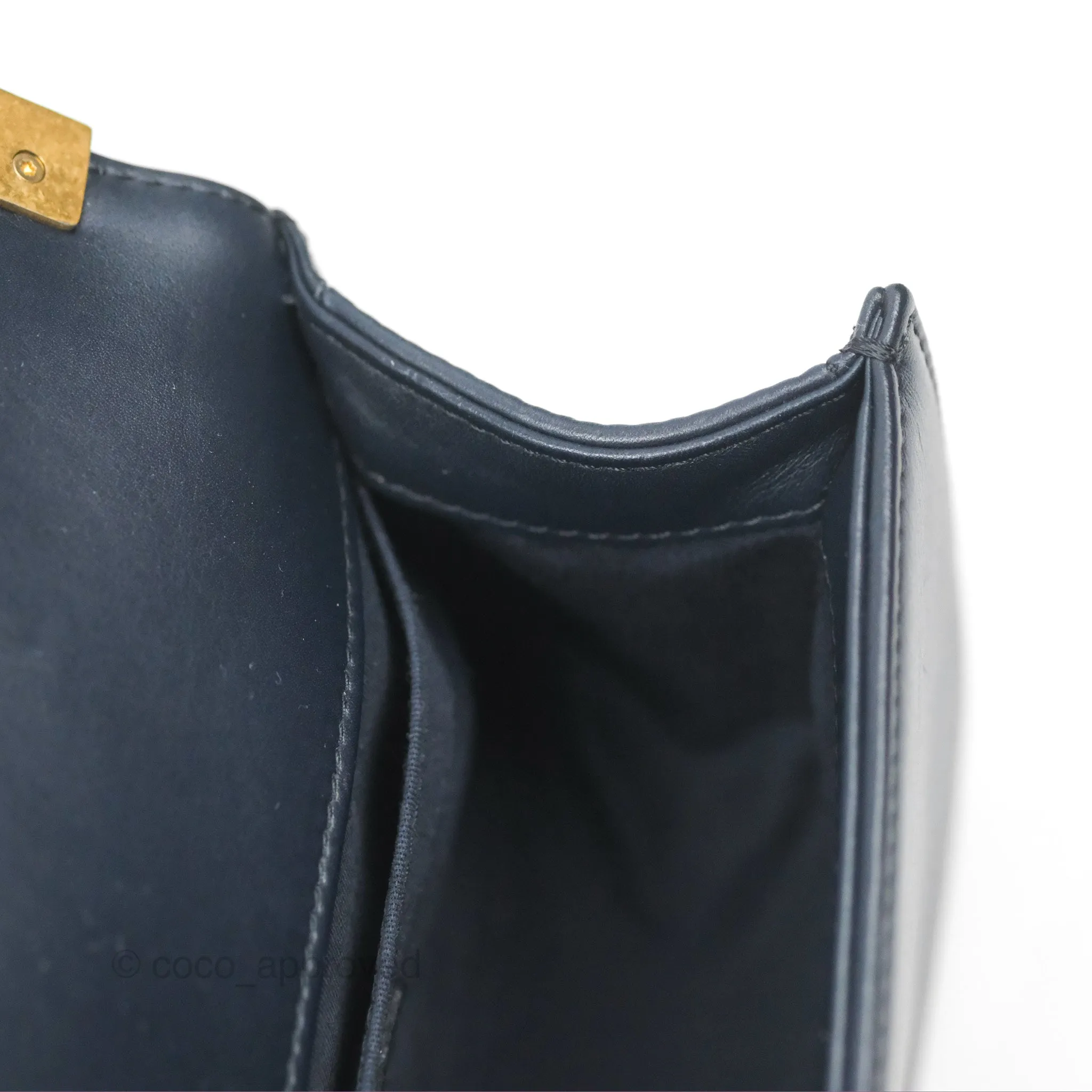 Chanel Small Boy Quilted Navy Lambskin Aged Gold Hardware
