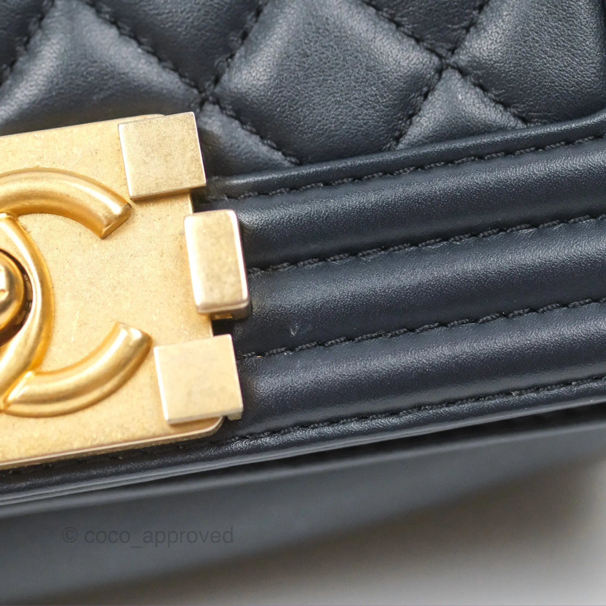 Chanel Small Boy Quilted Navy Lambskin Aged Gold Hardware
