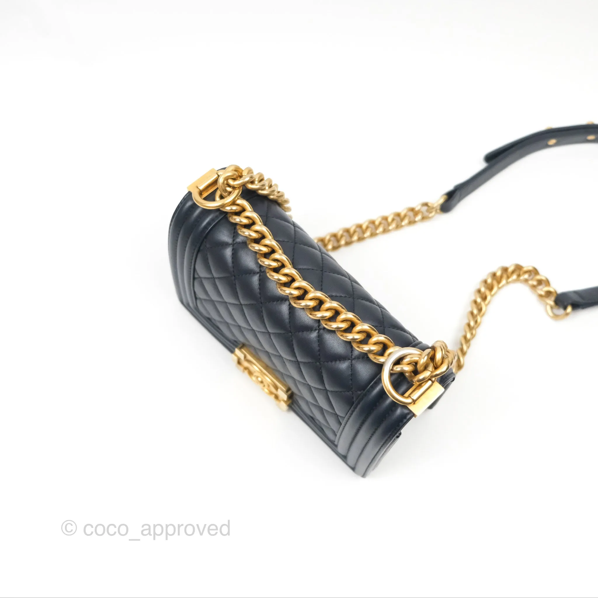 Chanel Small Boy Quilted Navy Lambskin Aged Gold Hardware