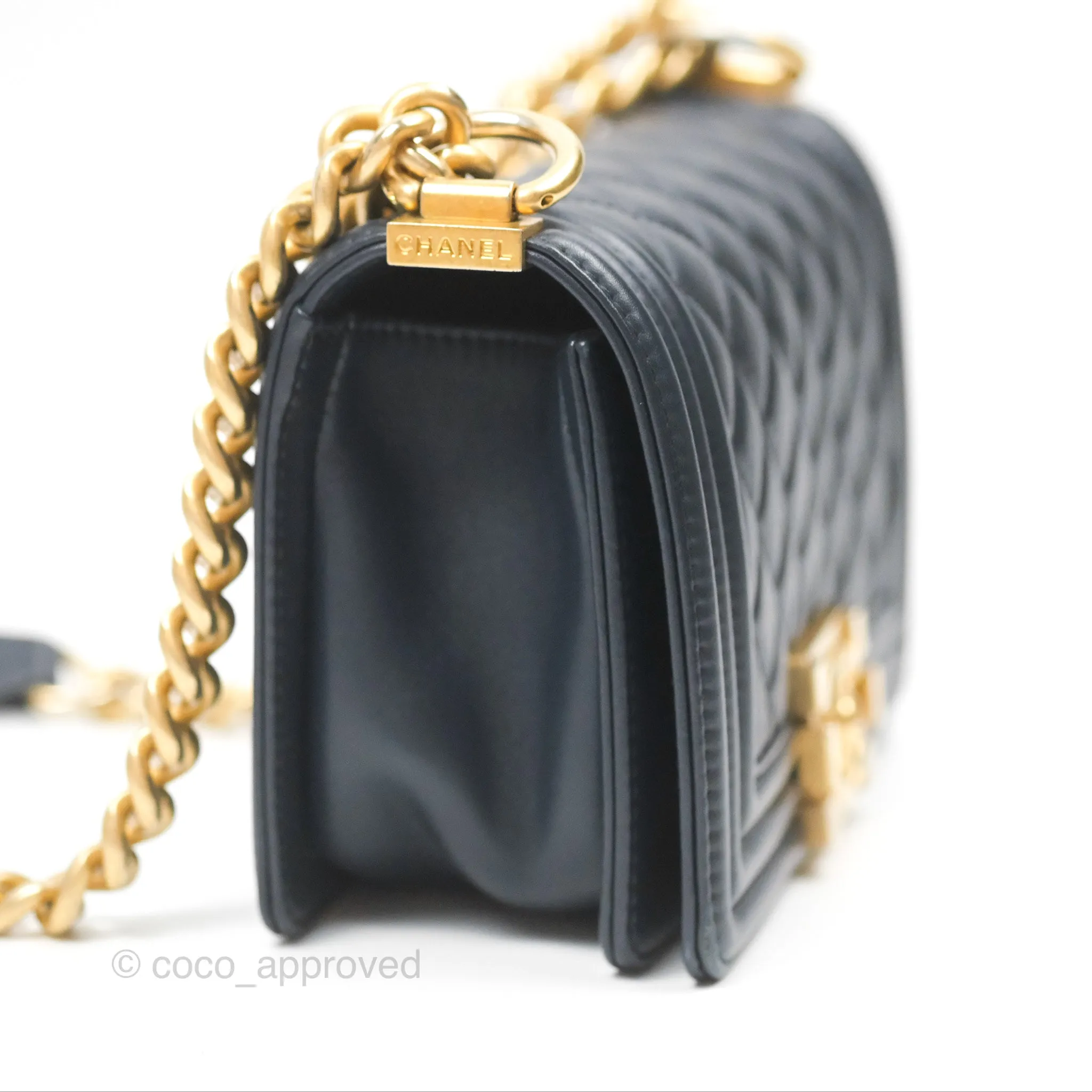 Chanel Small Boy Quilted Navy Lambskin Aged Gold Hardware