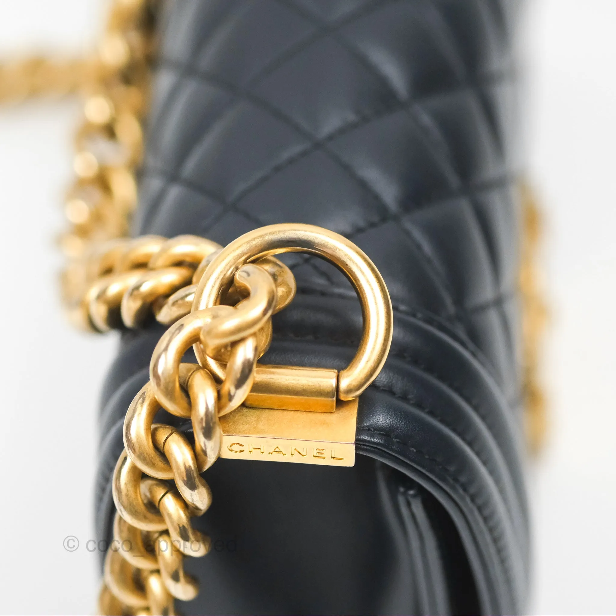 Chanel Small Boy Quilted Navy Lambskin Aged Gold Hardware