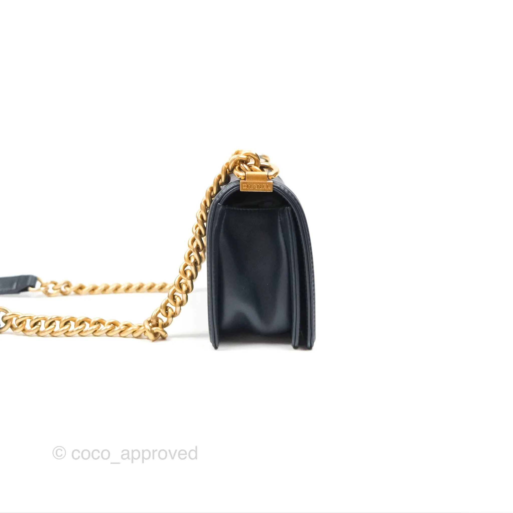 Chanel Small Boy Quilted Navy Lambskin Aged Gold Hardware