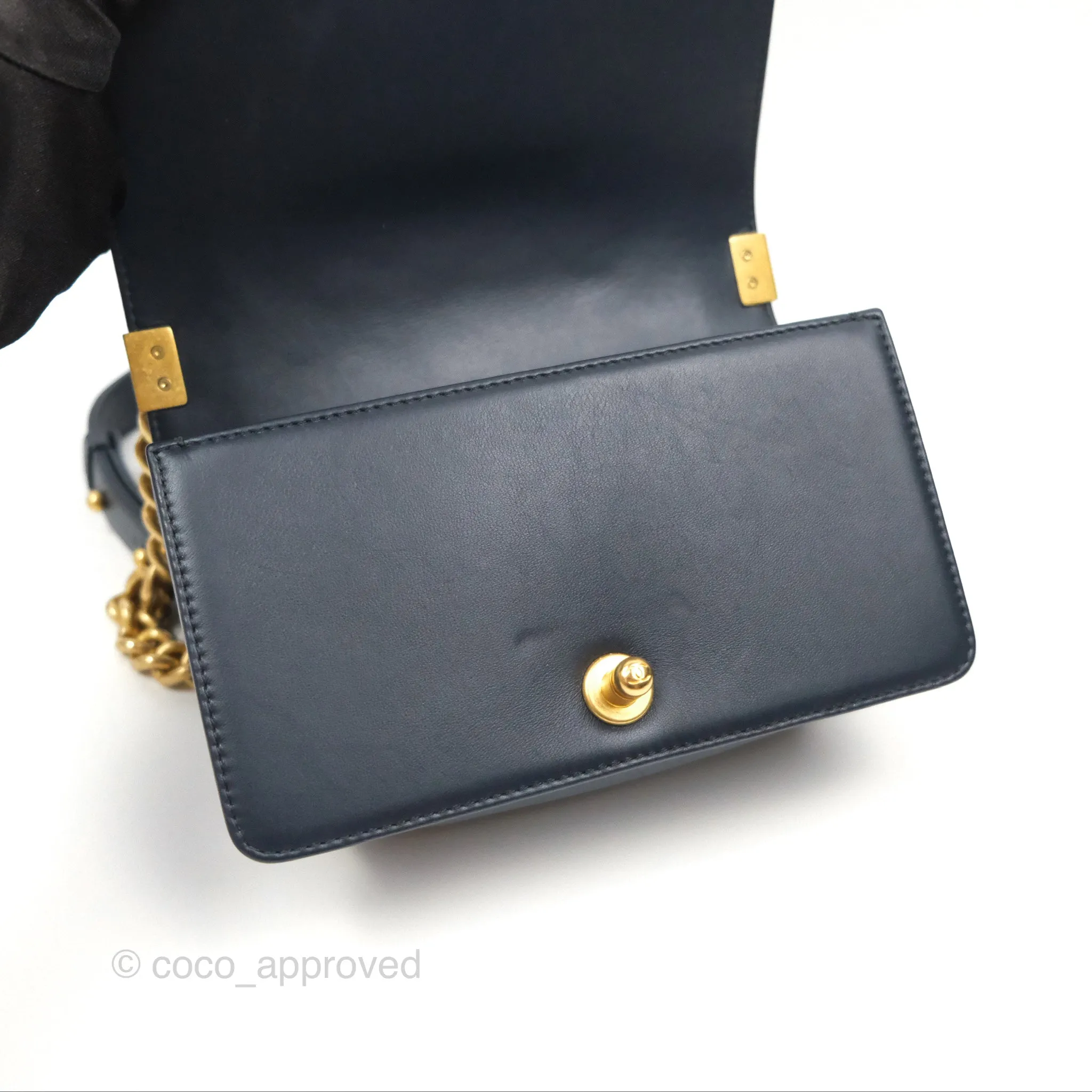 Chanel Small Boy Quilted Navy Lambskin Aged Gold Hardware