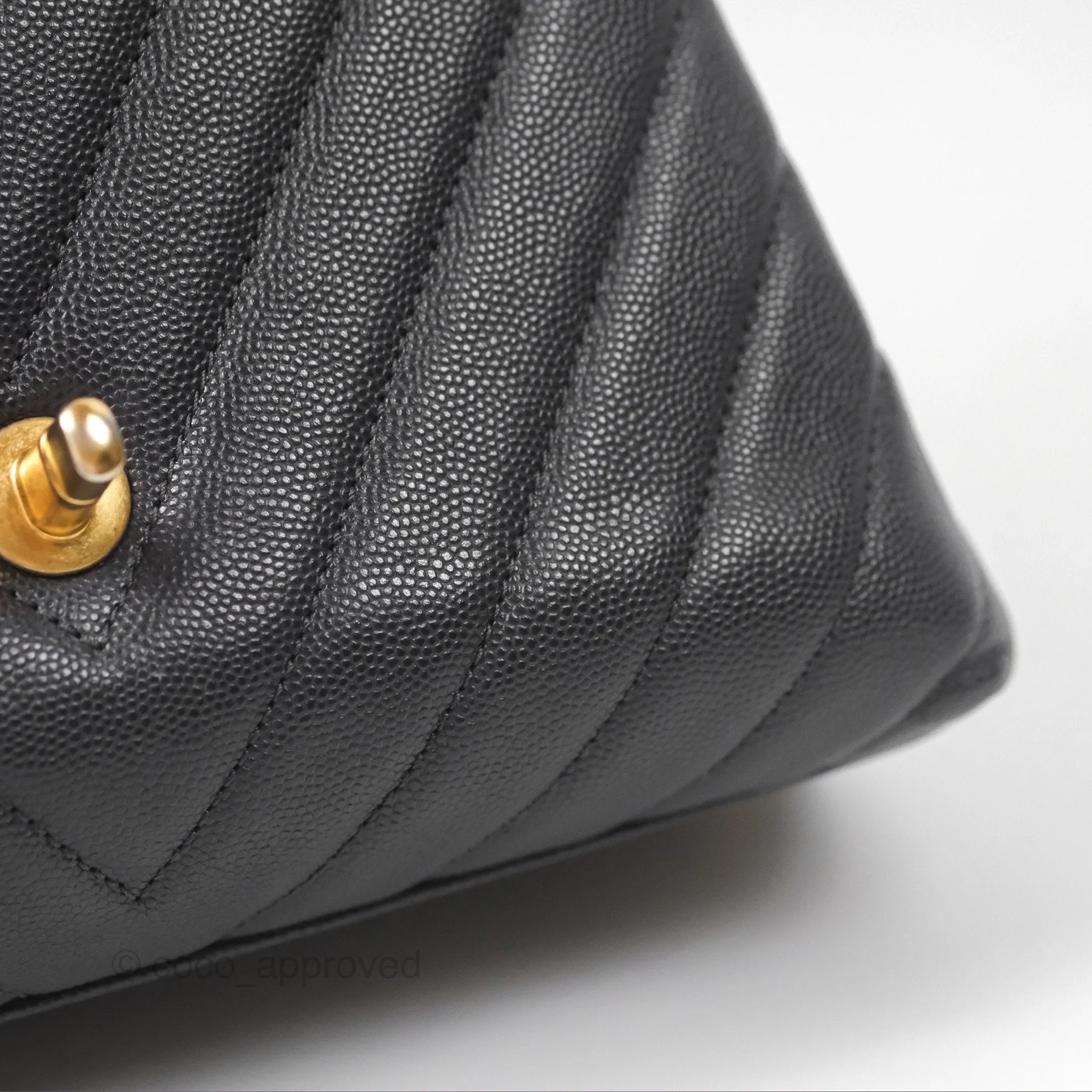 Chanel Small Coco Handle Chevron Dark Grey Caviar Aged Gold Hardware