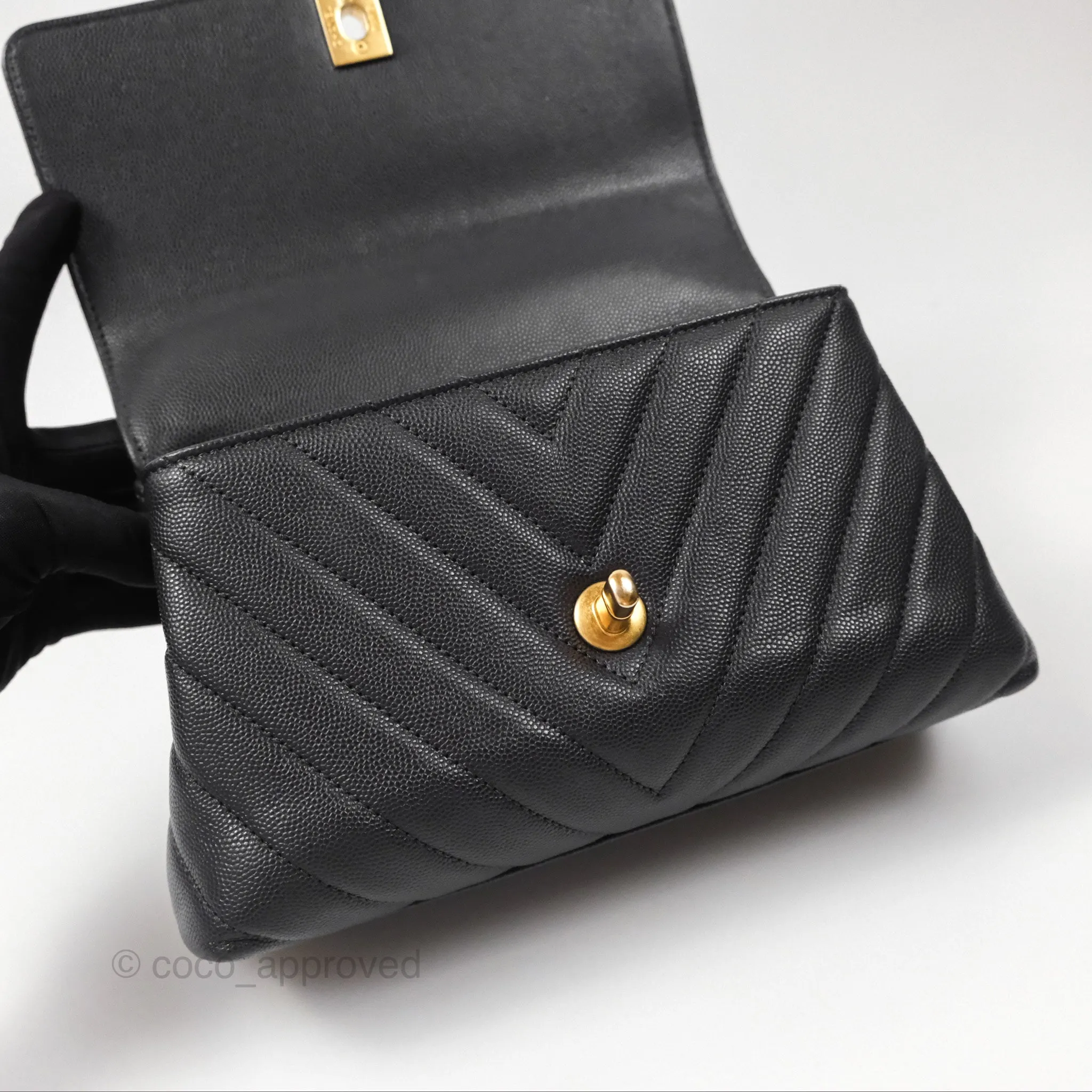 Chanel Small Coco Handle Chevron Dark Grey Caviar Aged Gold Hardware