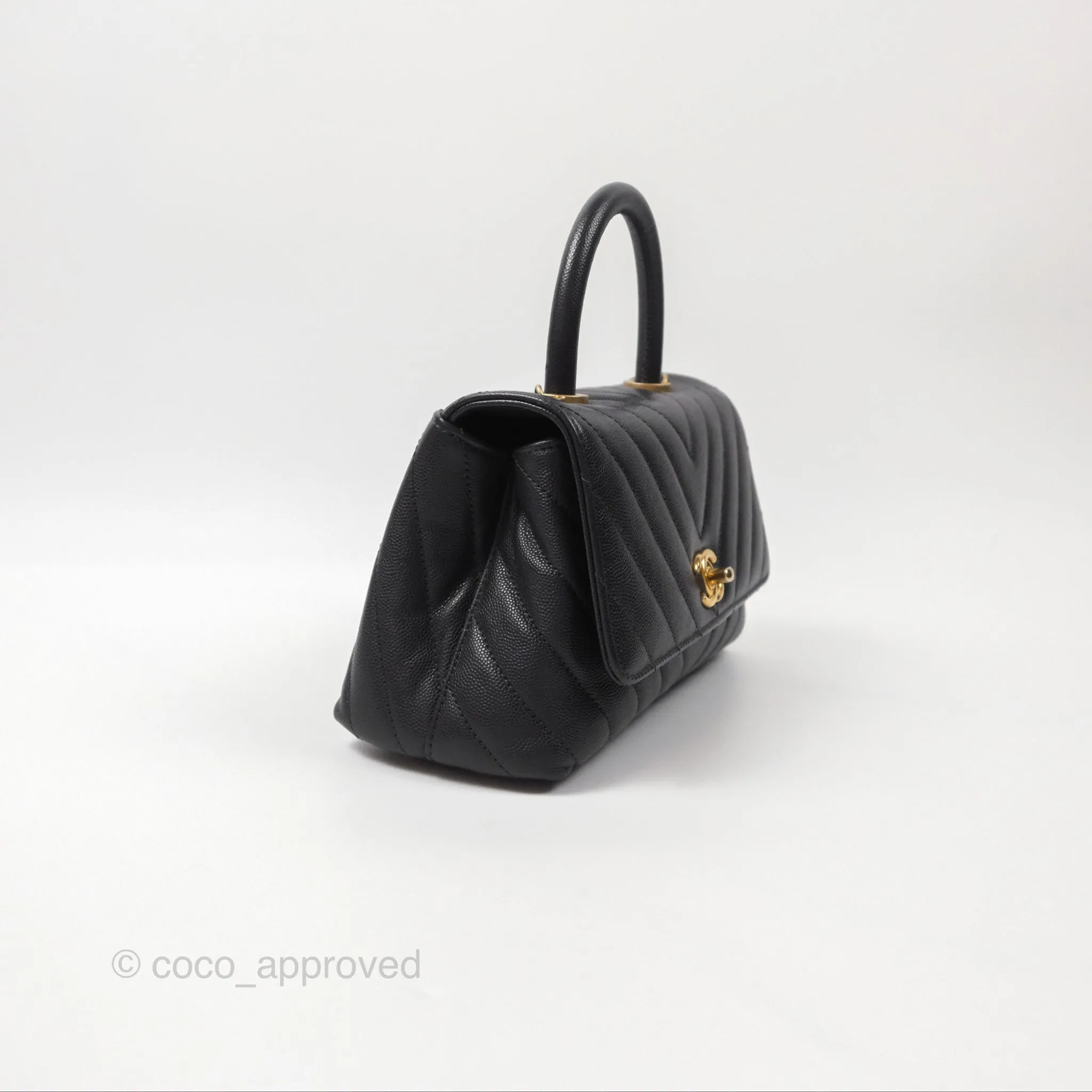 Chanel Small Coco Handle Chevron Dark Grey Caviar Aged Gold Hardware
