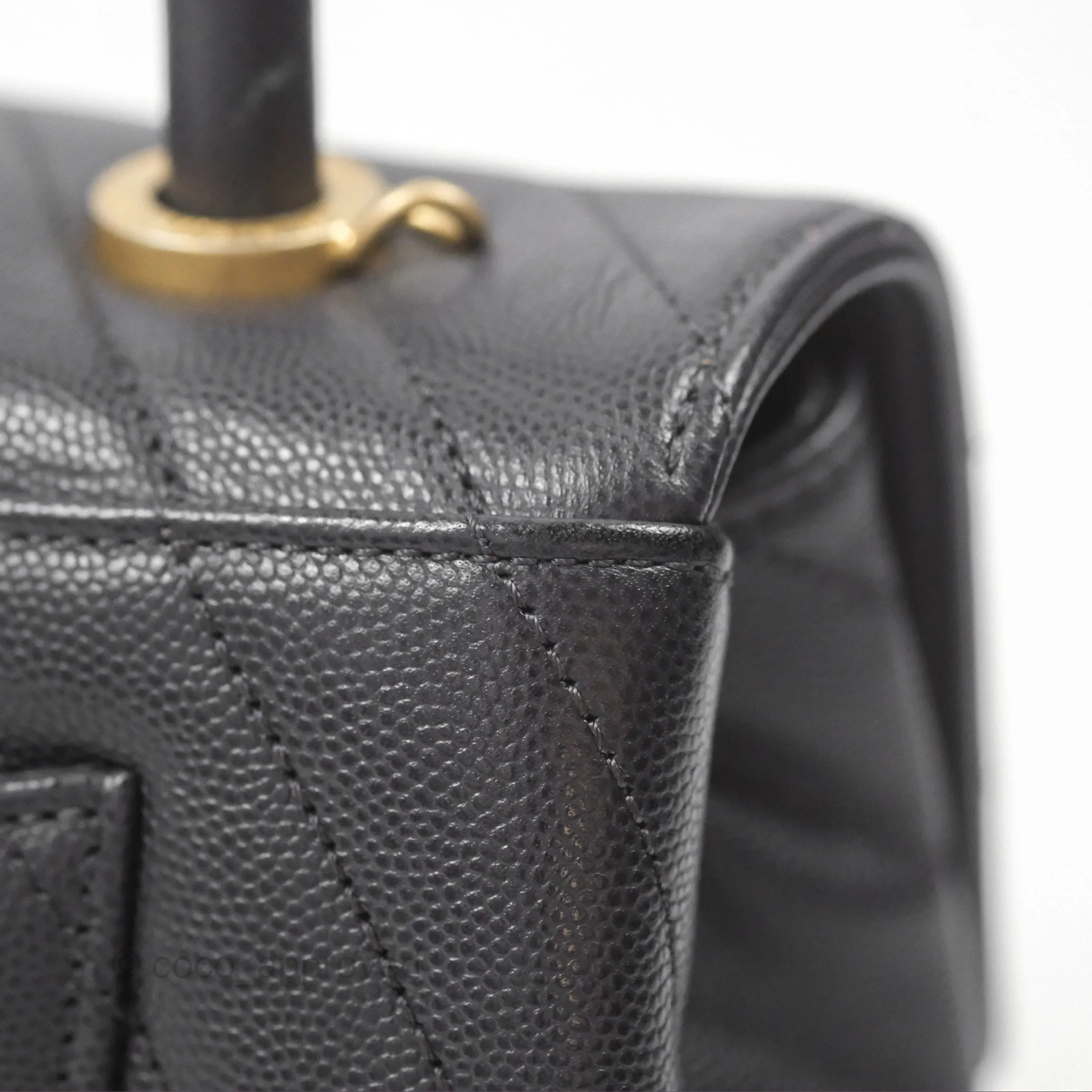 Chanel Small Coco Handle Chevron Dark Grey Caviar Aged Gold Hardware