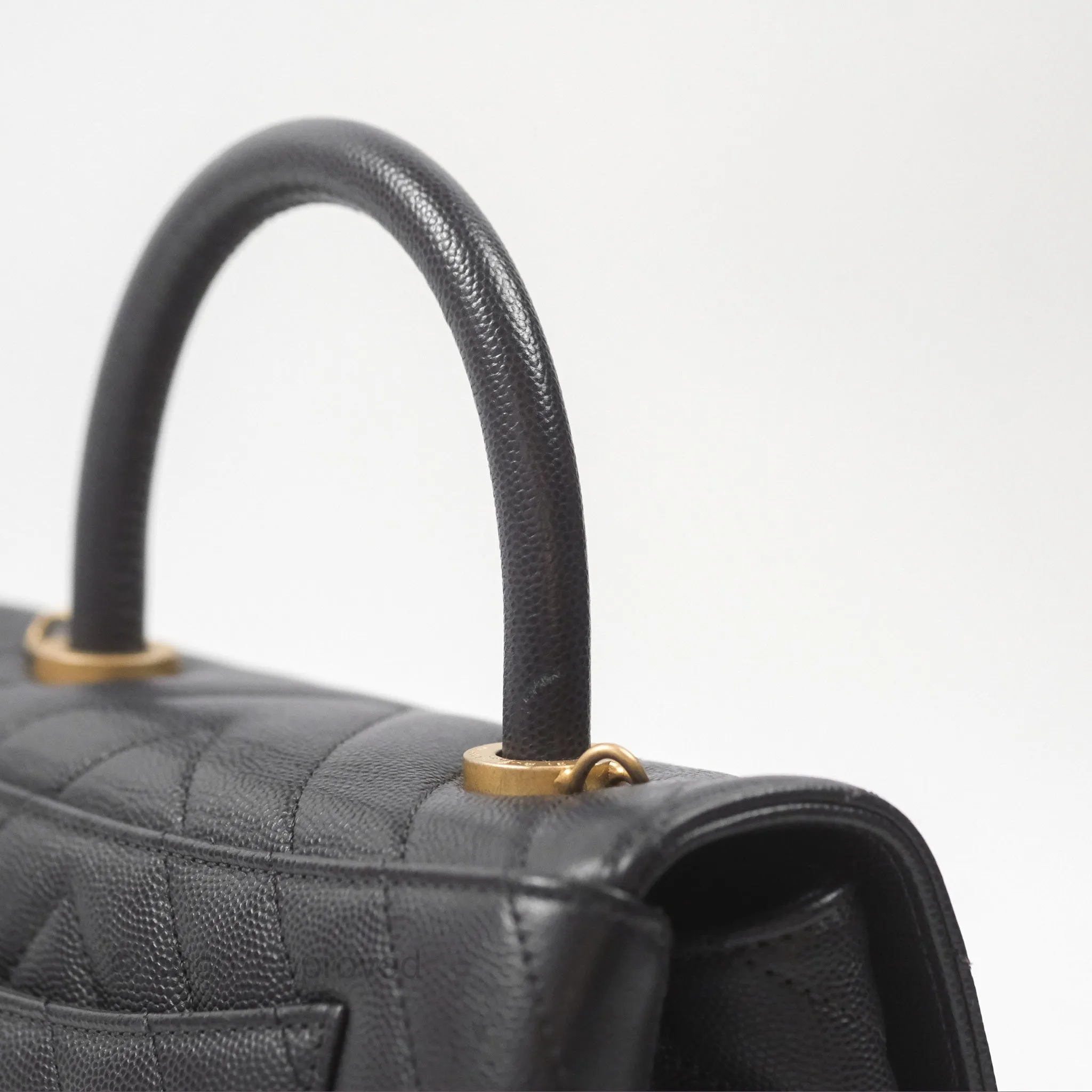 Chanel Small Coco Handle Chevron Dark Grey Caviar Aged Gold Hardware