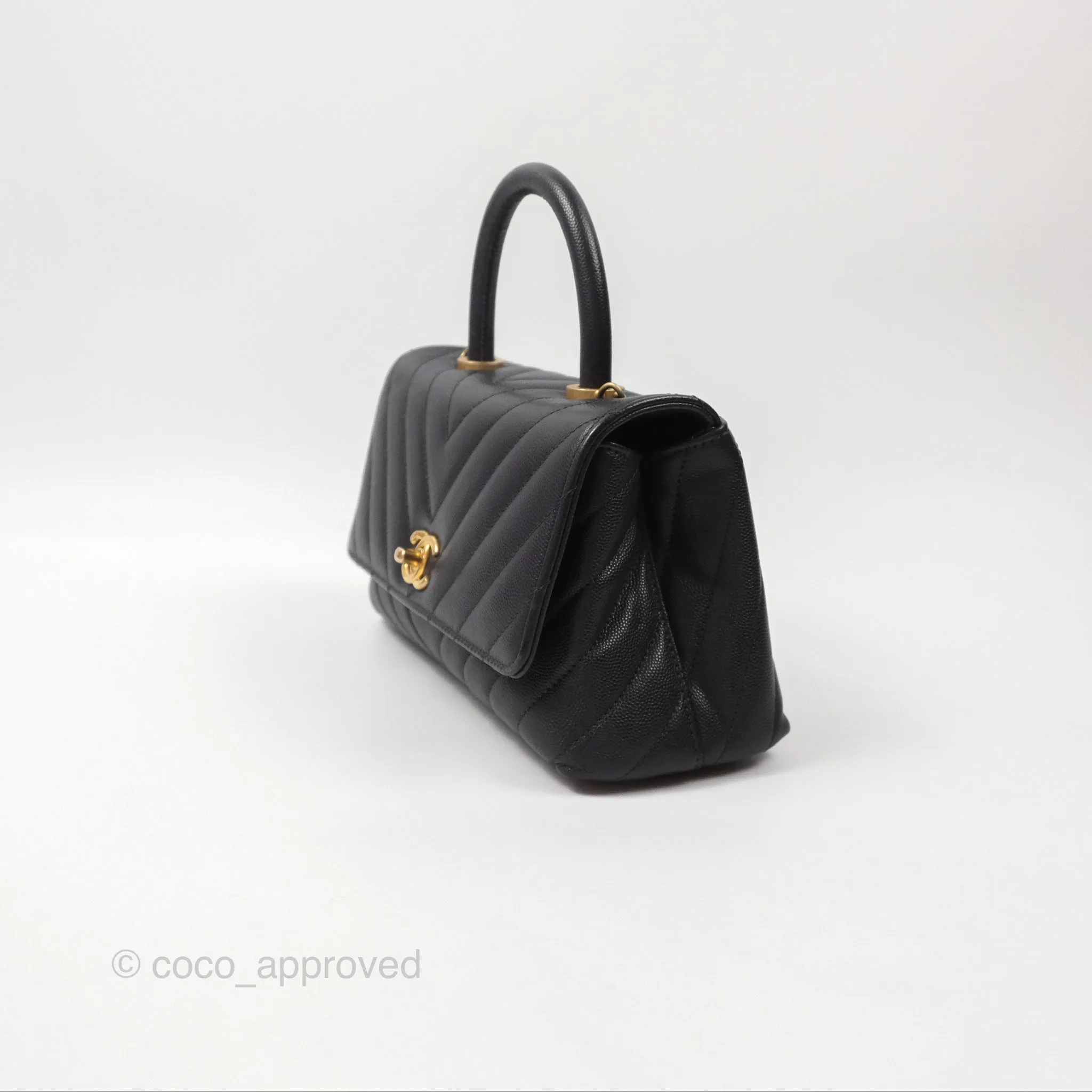 Chanel Small Coco Handle Chevron Dark Grey Caviar Aged Gold Hardware