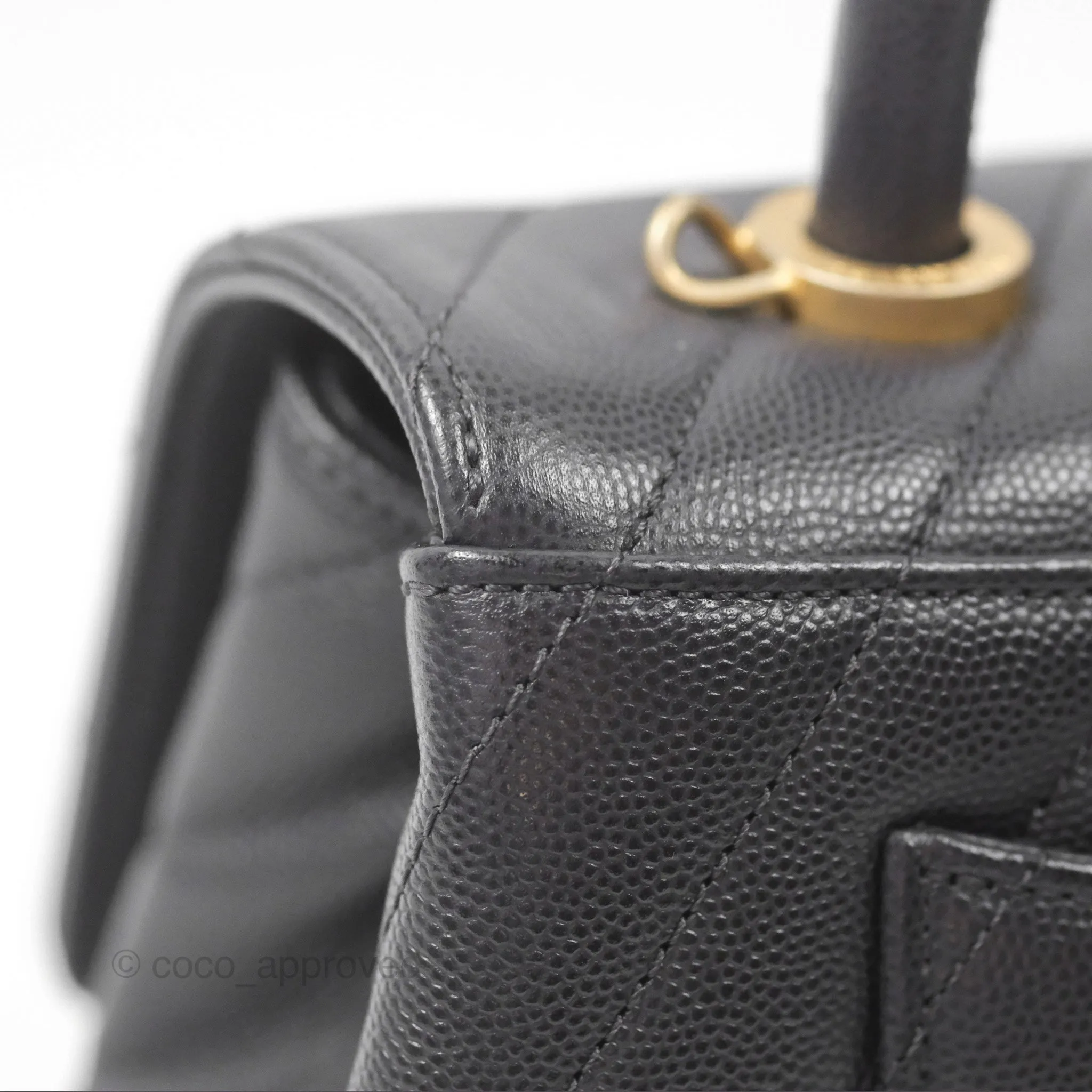 Chanel Small Coco Handle Chevron Dark Grey Caviar Aged Gold Hardware