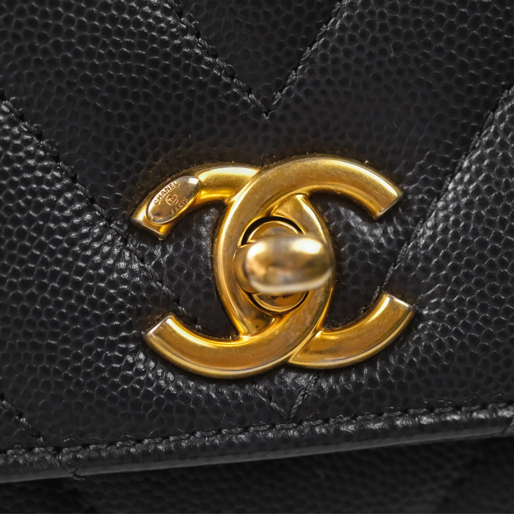 Chanel Small Coco Handle Chevron Dark Grey Caviar Aged Gold Hardware