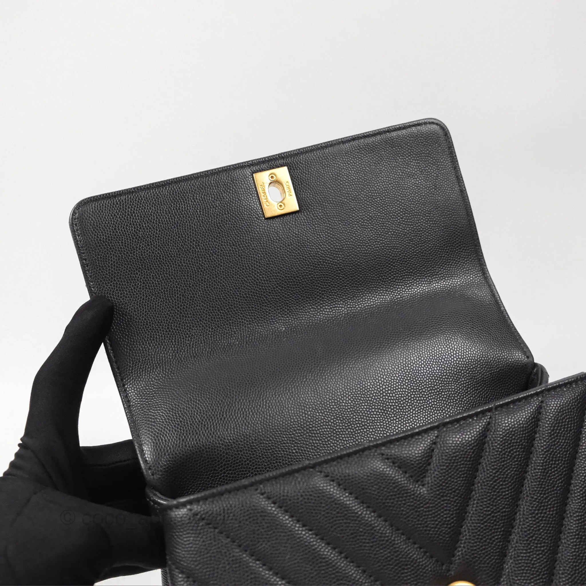 Chanel Small Coco Handle Chevron Dark Grey Caviar Aged Gold Hardware